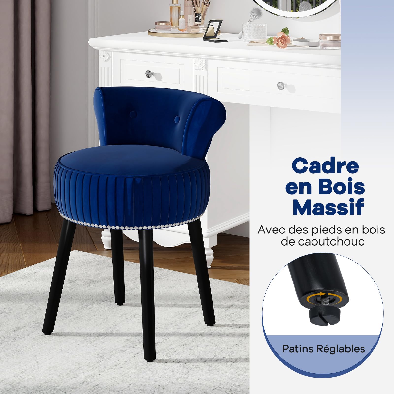 COSTWAY Chaise de Coiffeuse en Velours, Tabouret Coiffeuse avec Dossier, Pieds en Bois d'Hévéa, Patins Réglables, Tabouret de Maquillage, Dossier Bas Capitonné, pour Chambre Salon, 48x46x66 cm (Bleu)