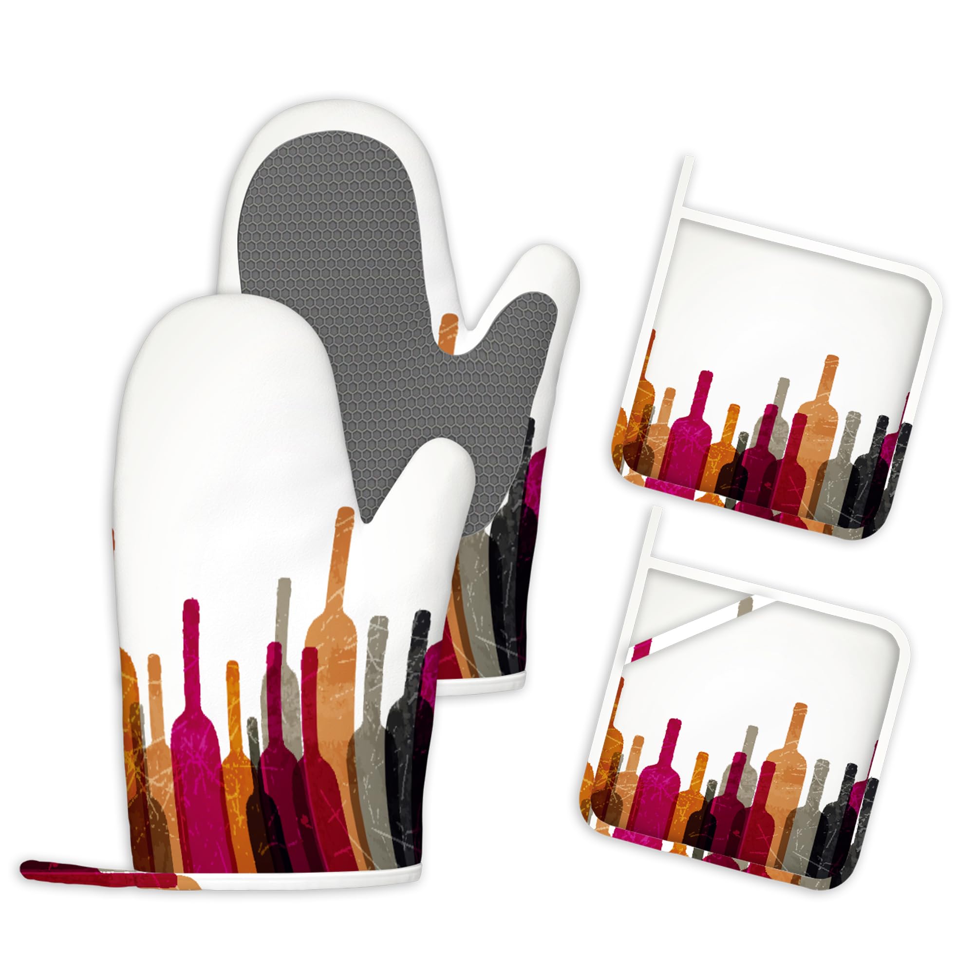 Abstrakt Ofenhandschuhe und Topflappen 4er Set Hitzebeständig Küchenhandschuhe Topfhandschuhe Silikon rutschfest Backofen Handschuhe Kochhandschuhe zum Kochen Backen und Grillen