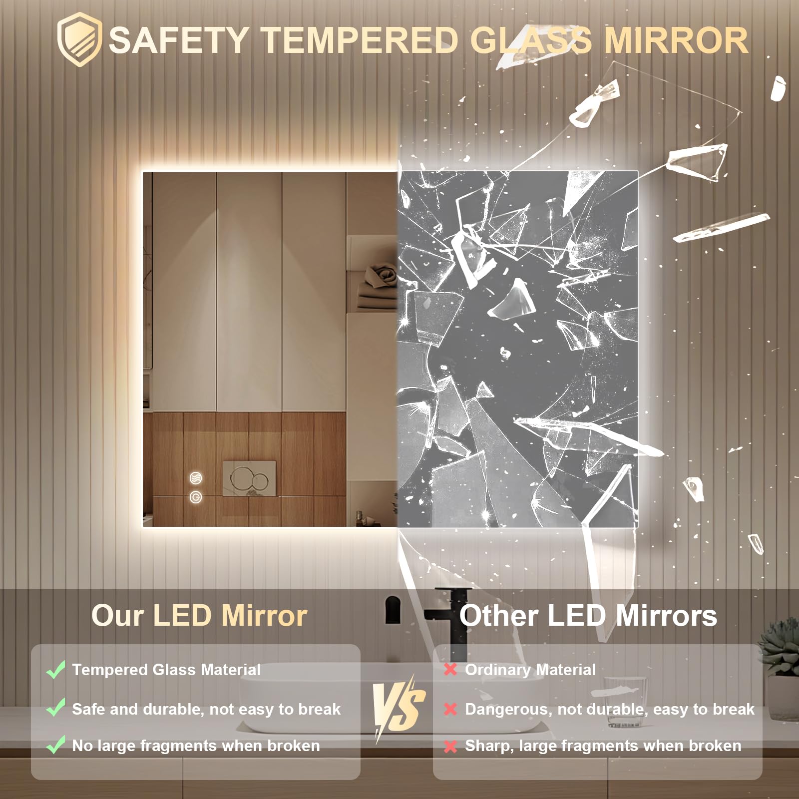 Miroir Salle de Bain avec Eclairage, Miroir LED Salle de Bain, Anti-buée, 3 Couleurs Lumière, Dimmable, Mémoire, Verre trempé HD, IP44, Horizontal/Vertical (Rectangulaire, 80 x 60 cm)