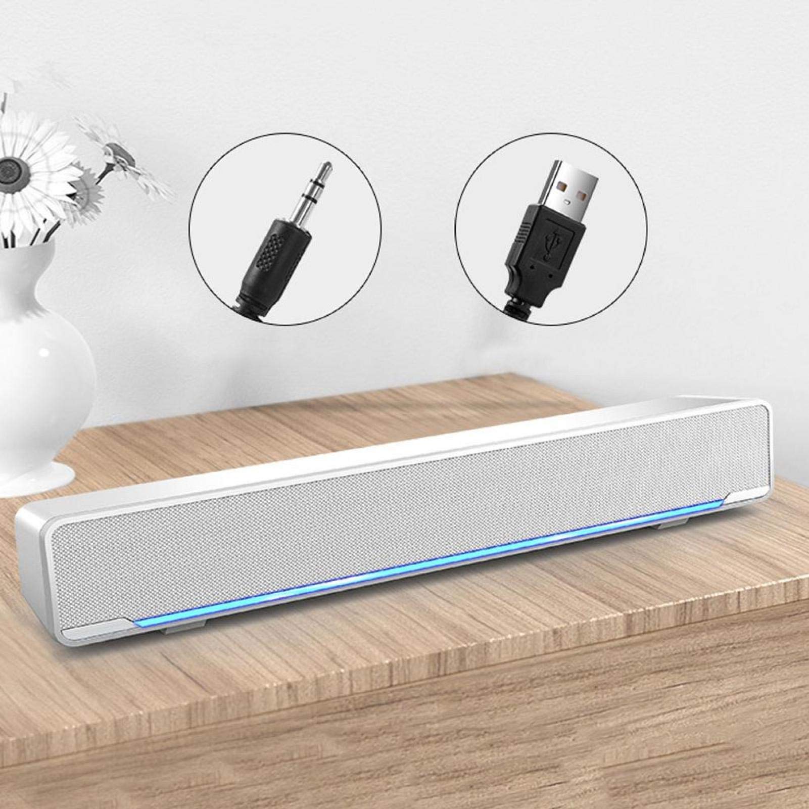 Barre de Son stéréo Filaire USB 3D avec lumière respiratoire à LED Bleue pour Haut-parleurs de télévision/cinéma Maison, Jeux, projecteurs, 12 Pouces