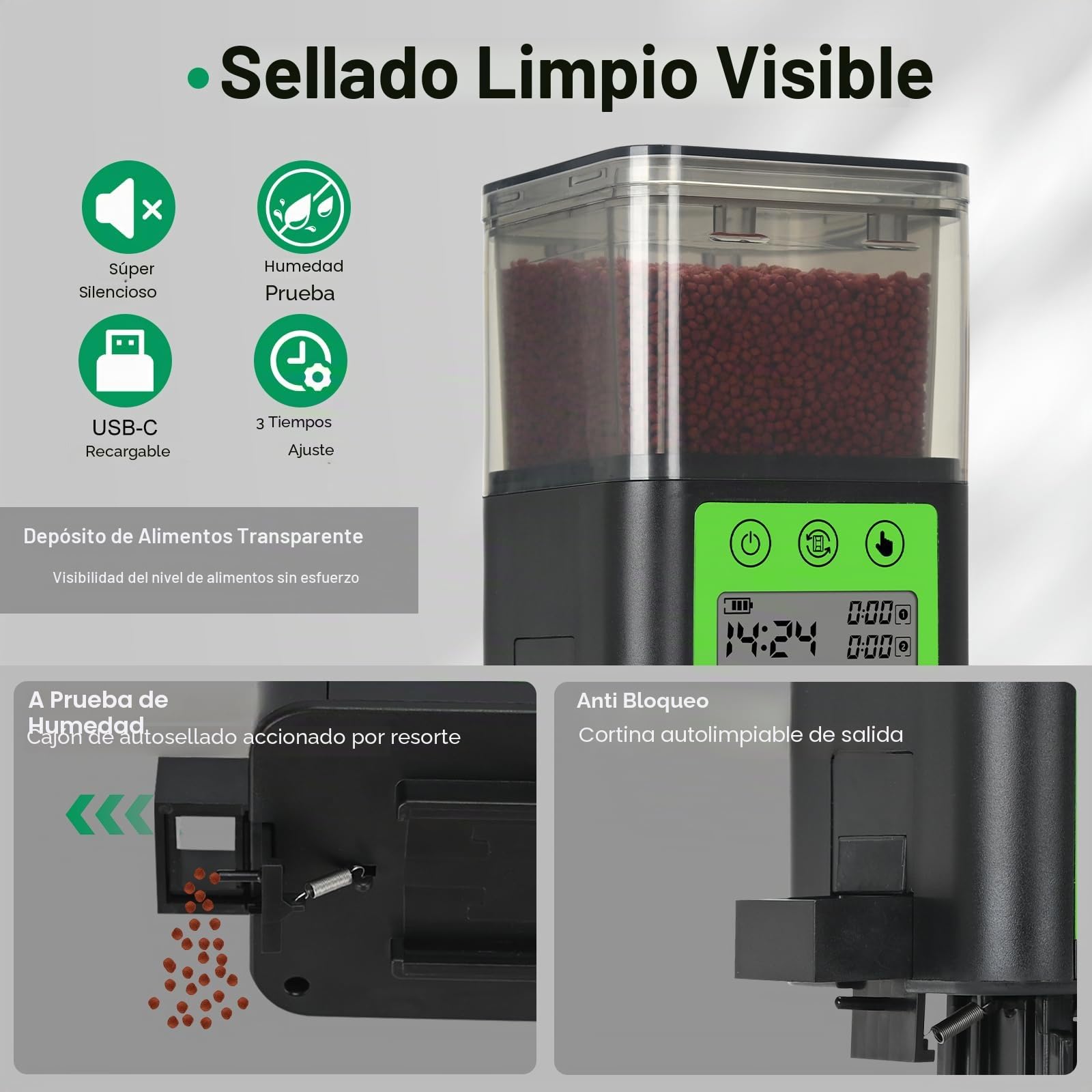 Lychee Dispensador automático de alimentos para peces recargable por USB 320 ml de gran capacidad con pantalla LCD resistente a la humedad con temporizador eléctrico