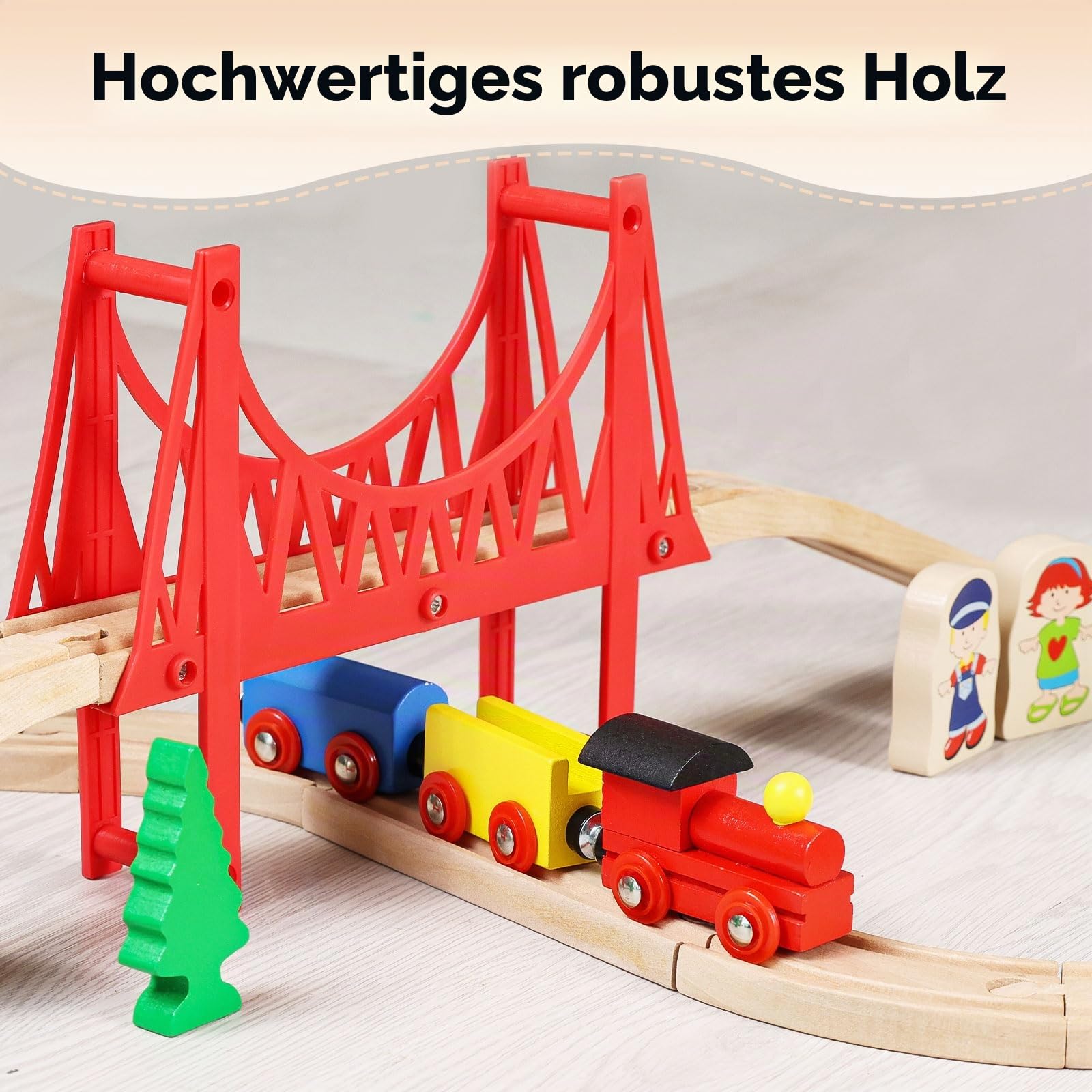 SainSmart Jr. Holzeisenbahn Set 37 Teile, Eisenbahn Starterset für Kinder ab 3 Jahren, kompatibel mit Thomas, Brio & Eichhorn, Holz Zug Set mit Brücke & Zubehör