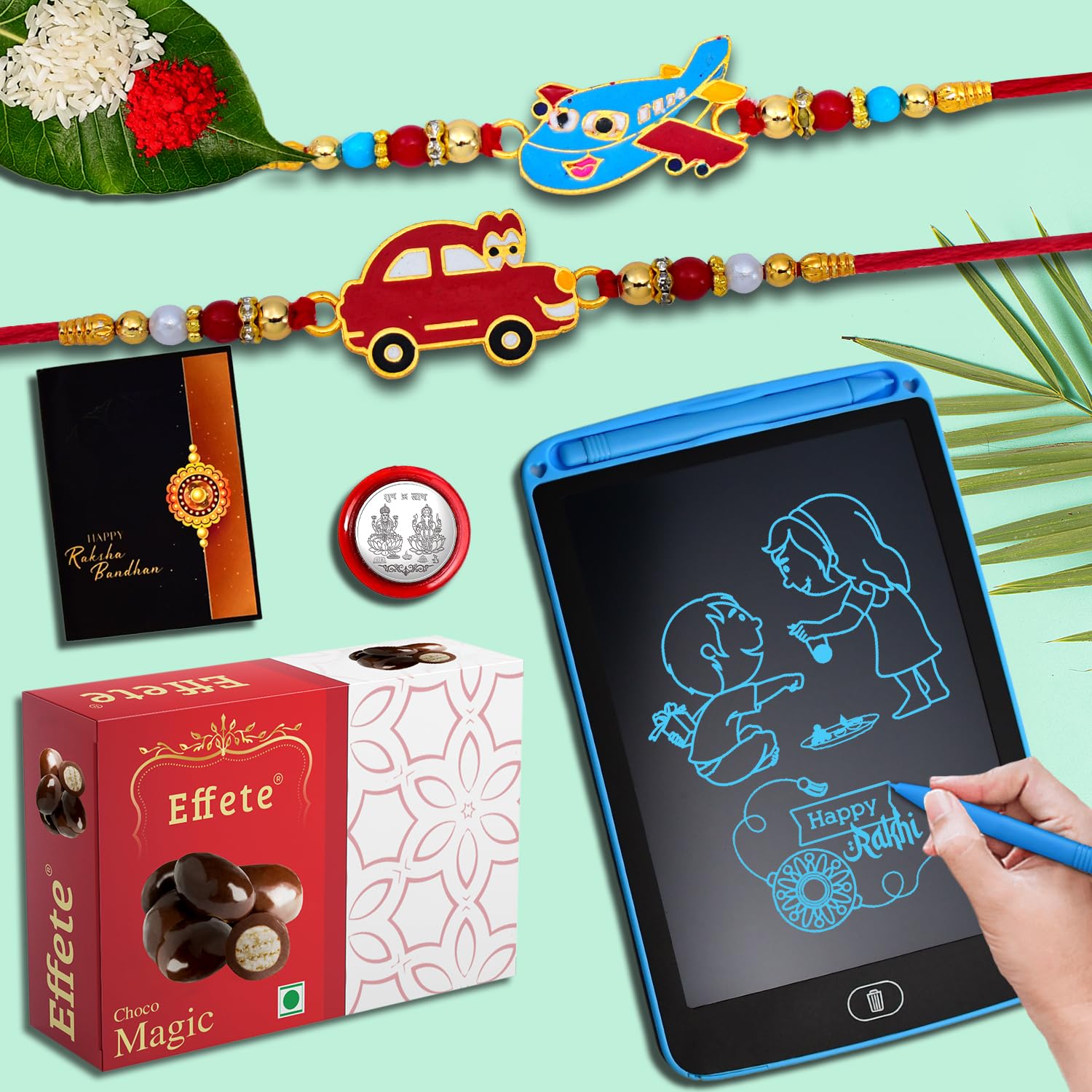 DeoDap Rakhi (K2_267+316_1360+EM32) & Chocolate Magic 32 gm & LCD Writing Pad/Tablet| Rakhi for brother with gift | handmade rakhi |rakhi combo for brother | stylish rakhi for brother | Set of 2 Rakhi |-image-35