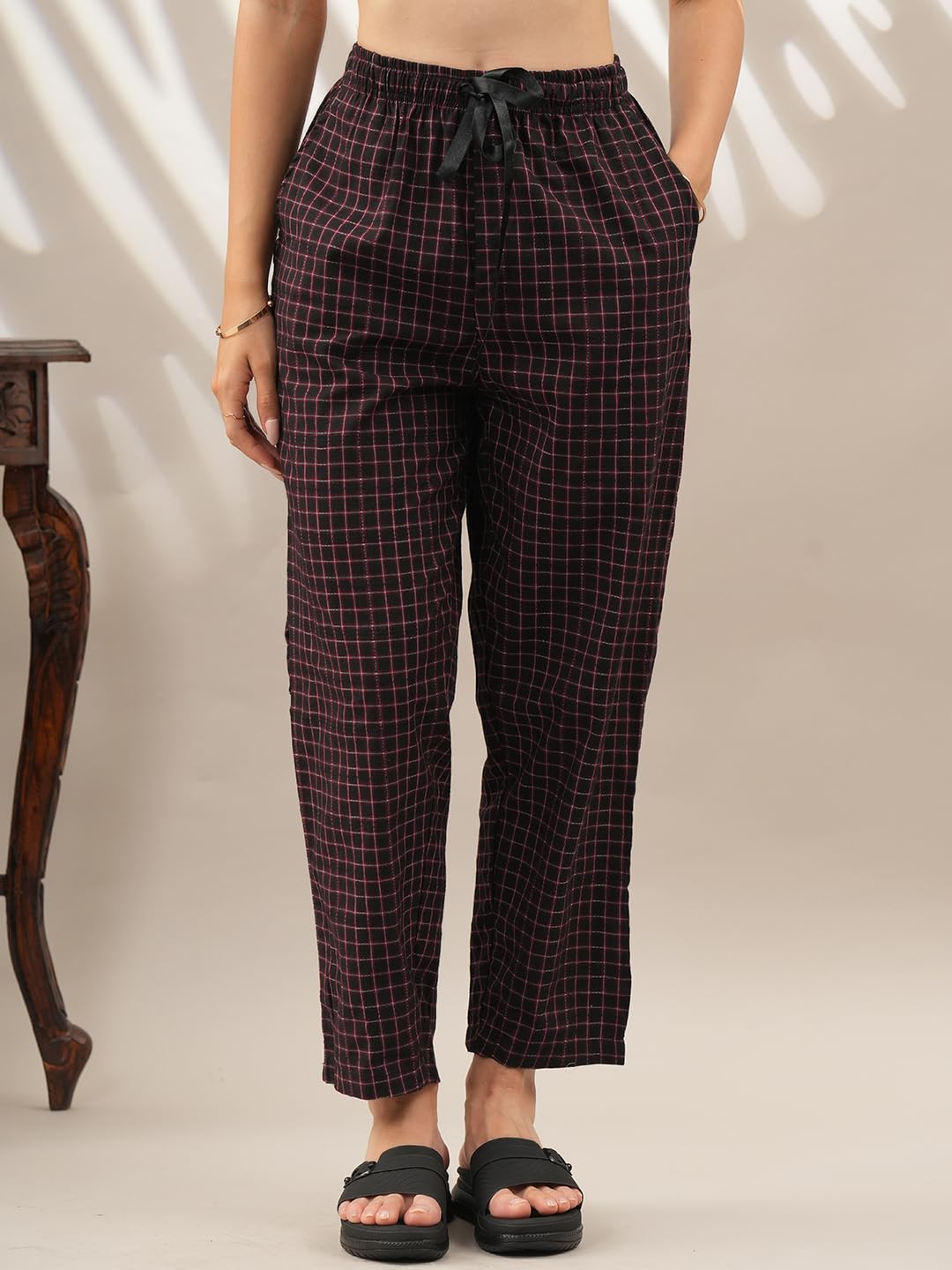 Women’s Pure Cotton Woven Pyjama | Mid Rise Relaxed Fit Elasticated Drawstring Waistband & Side Pocket | Comfortable Lounge, Sleepwear & Casual Bottom Wear(88362BLK)-picture-13