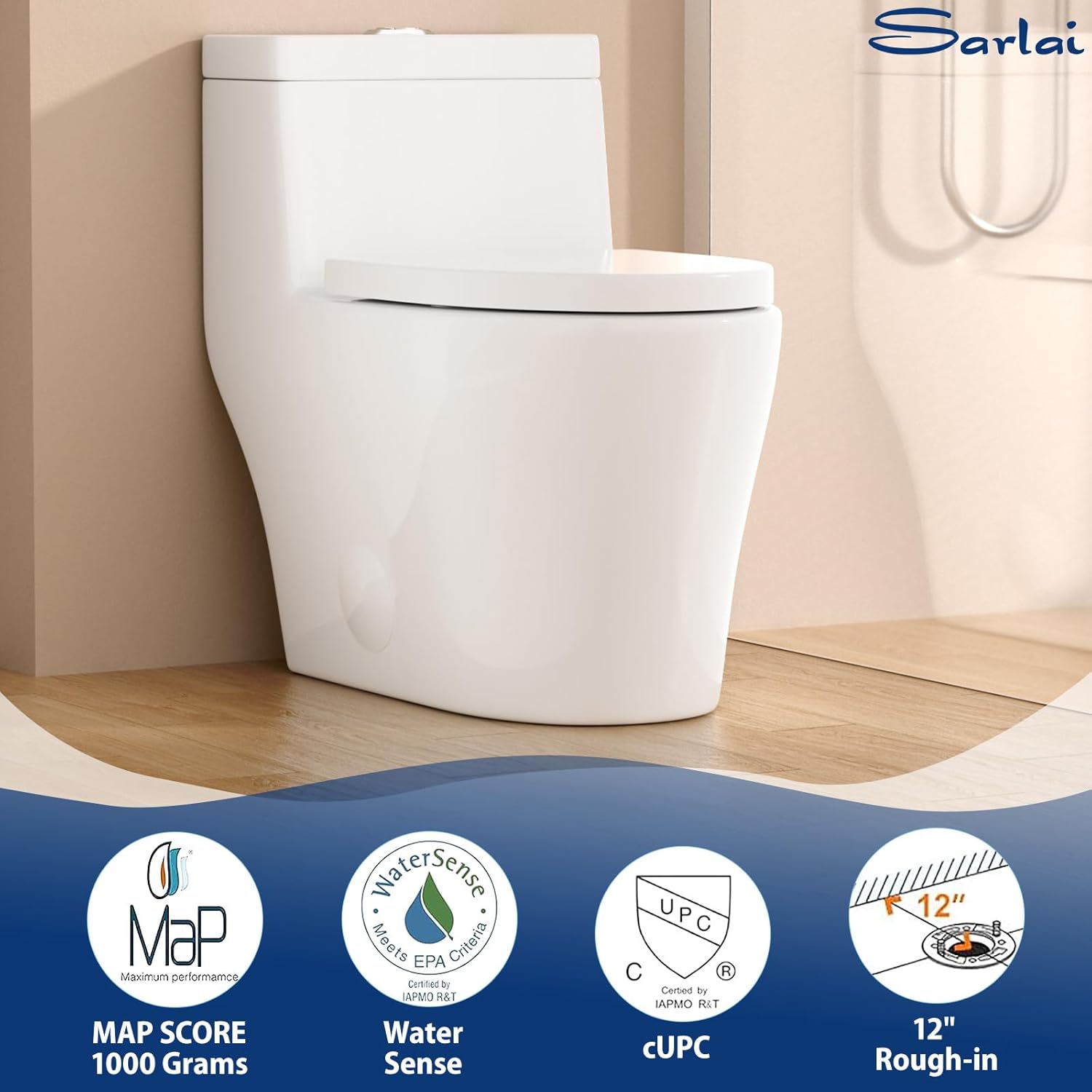 Sarlai One Piece Toilet - Bathroom Toilet Dual Flush Elongated White Ceramic Modern Bathroom One Piece Toilet with Soft-Close Seat, 12" Rough - In, Wax Ring Included, Comfortable Height