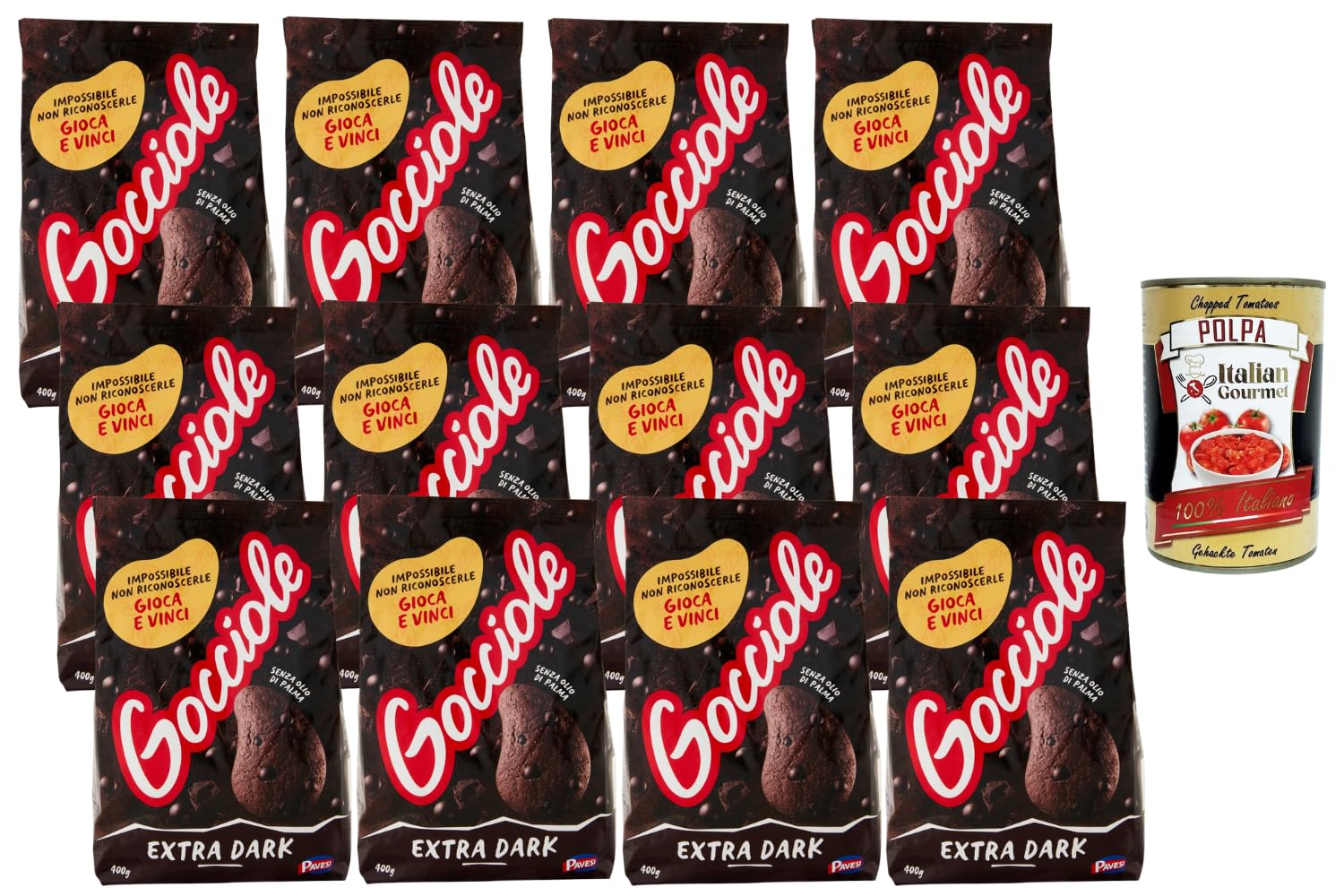 Italian Gourmet Biscuits Italiens Gocciole Extra Dark Pavesi – Cookies au chocolat noir intense, spécialité italienne pour petit-déjeuner et goûter, lot 12 x 400 g (4,8 kg) + Italian Gourmet Polpa