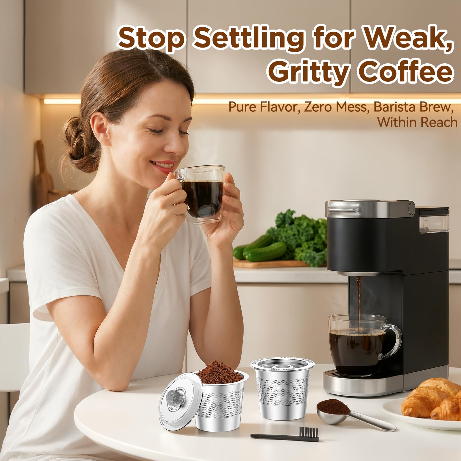 CAPMESSO Reusable K Cups for Keurig: NO Grit Stainless Steel Coffee Pod for Keurig 1.0 Coffee Machine - Dual-Mesh Filter for Richer Coffee Tea,BPA Free, No Plastic,Easy to Clean,Scoop & Brush (2 Pack) — view 8