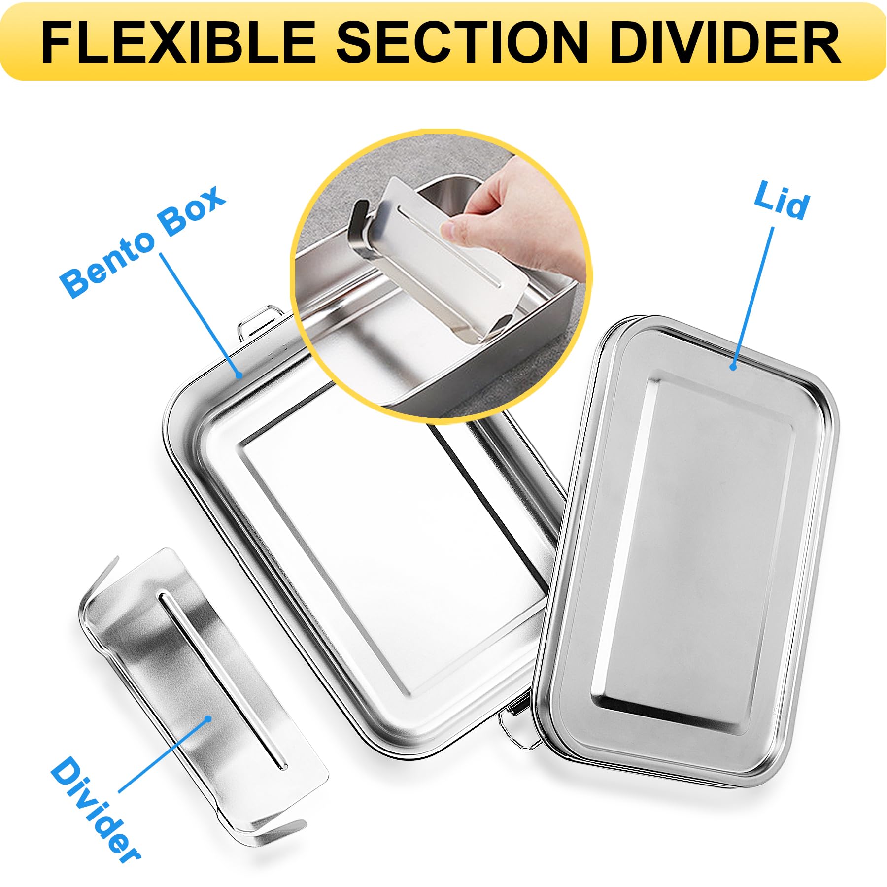 Boîte à repas Bento en acier inoxydable – Grande boîte à bento en métal de 1 332,4 g – 2 compartiments avec clips de verrouillage – Passe au lave-vaisselle – 1400 ml
