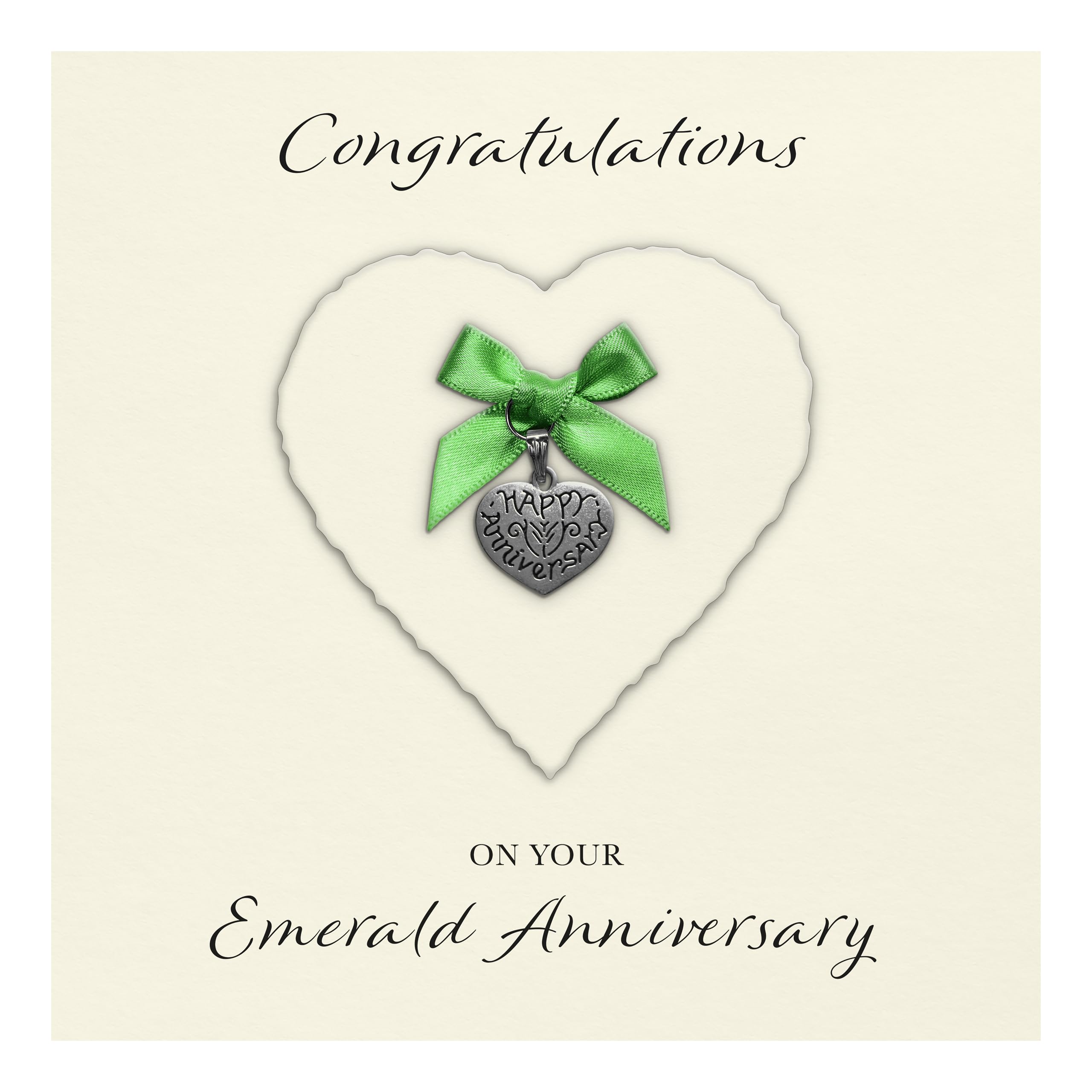 Emerald 55th Anniversary Card "Heart Charm & Bow" - Handmade UK (Ivory Heart/Emerald Bow, Ivory Cardstock)