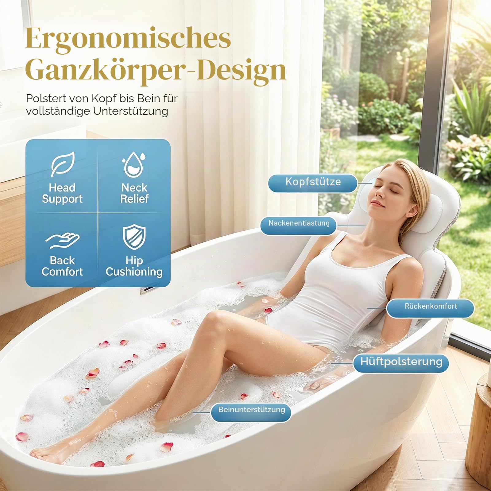 Badewannenkissen Ganzkörper Badekissen, Dickes Badewannenkissen mit Wäschesack, luxuriöses Kissen für Badewanne Kopfstütze Nacken Schulter Unterstützung Entspannung Spa Zubehör (Weiß, 129,5 x 40,6 cm)
