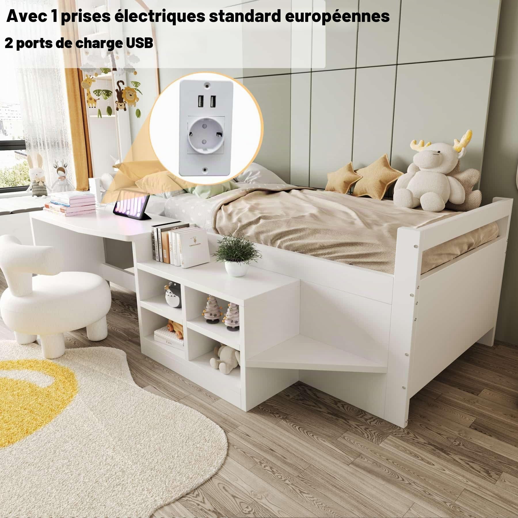 YEHTOKHOME Lit Multifonctionnel en Bois de 90 x 200 cm avec Bureau et Armoire de Rangement,Moderne lit Simple pour Enfant avec 2 Ports USB et Prise électrique(sans Matelas) (B, Blanc)