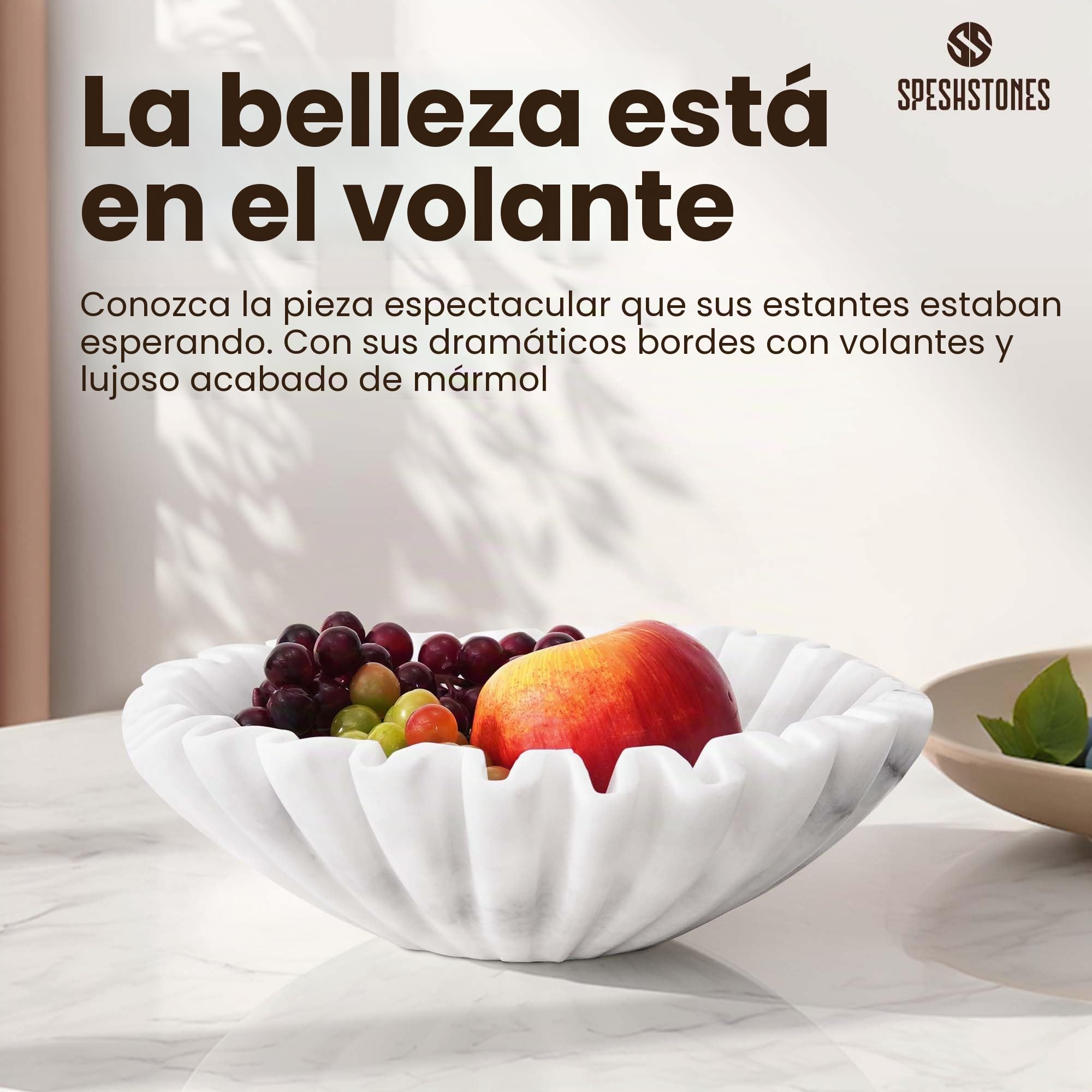 SPESHSTONES Cuenco de mármol con volantes de 10 pulgadas, color blanco, hecho a mano, para encimera de cocina, cuenco decorativo grande, cuencos antiguos ideales para cocina