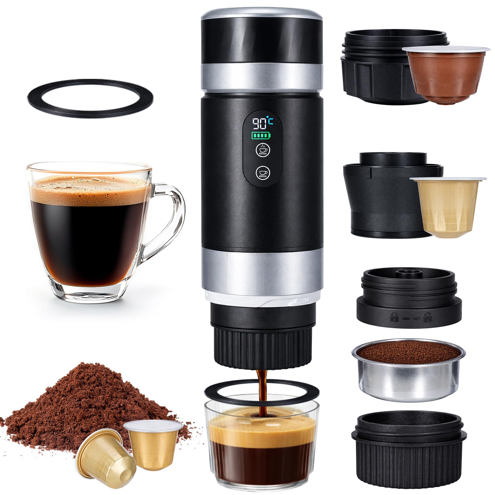 Cafetera Portátil 20 Bar, 3 en 1 Cafetera Espresso Eléctrica Portátil Maquina de Cafe Portatil Recargable Compatible con Cápsulas Pequeñas/Grandes y Café Molido para Viajes Acampada Oficina y Hogar