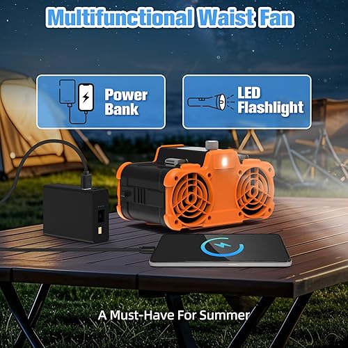 Miniatura 5 de Ventilador de cintura portátil de 12000 mAh, 6 en 1 recargable con clip para cinturón con linterna y banco de energía desmontable, ventiladores de