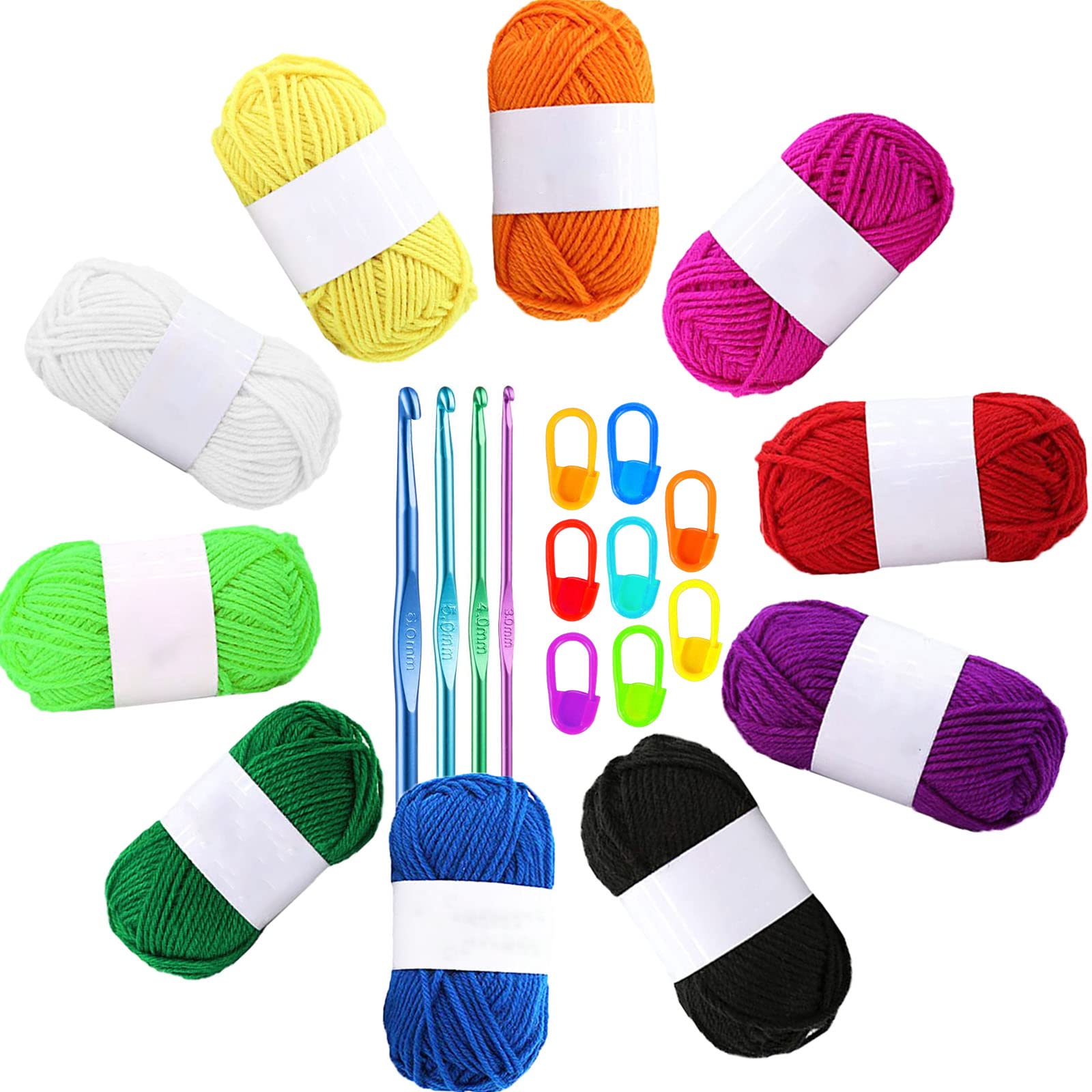 Crochet Kits for Beginners, 100% Acrylic Yarn 16g *10 Assorted Colour, with 4X Braided Aluminum Crochet Hooks and 8X Stitch Markers, Perfect for Making Small Yarn Crafting Projects