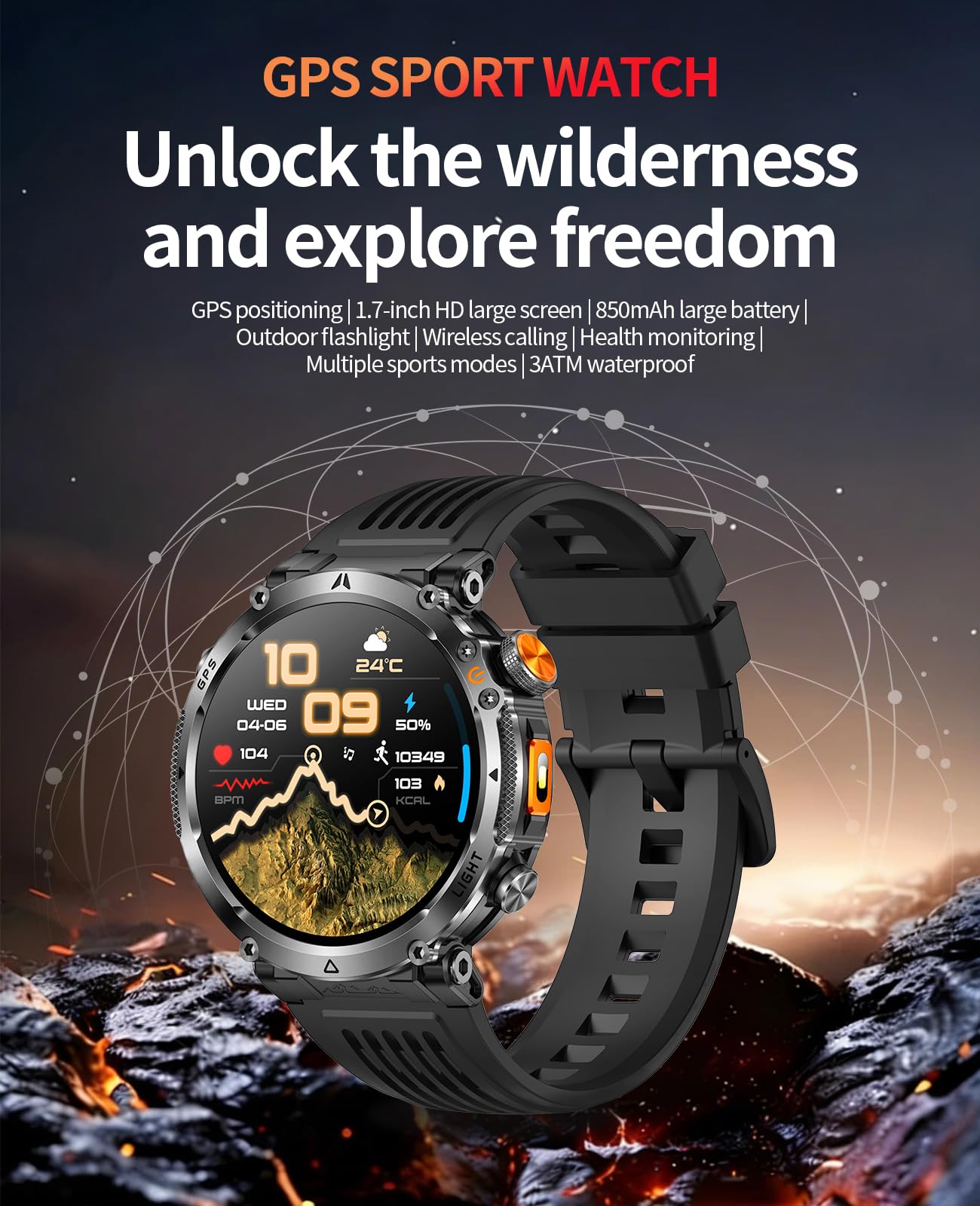 Orologio sportivo GPS da uomo, con schermo HD da 1,7 pollici, torcia a LED, durata della batteria 850 mAh, modalità multi-sport, cardiofrequenzimetro, Bluetooth, chiamate, smartwatch militare per