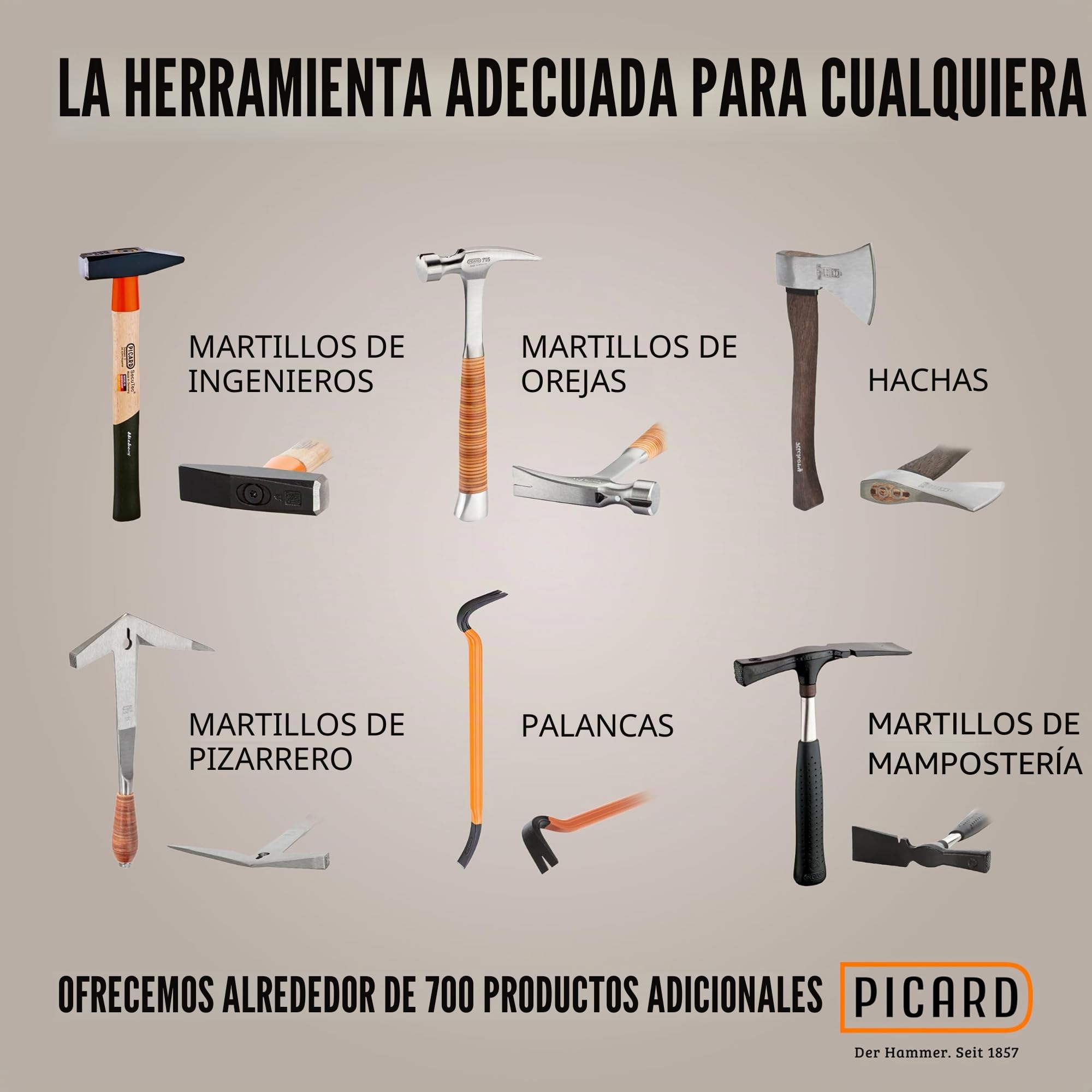 PICARD Martillo AluTec no.1095 superficie lisa | Martillo Carpintero Profesional | Encofrador con Cabeza Híbrida de Aluminio y Acero | Mango Ergonómico Antivibración | Martelo