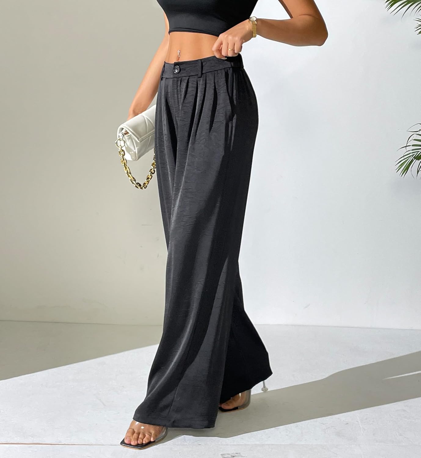 Women's Textured Wide Leg Pants Satin Silky Flowy Dressy Trouser Casual Slacks - Image 5