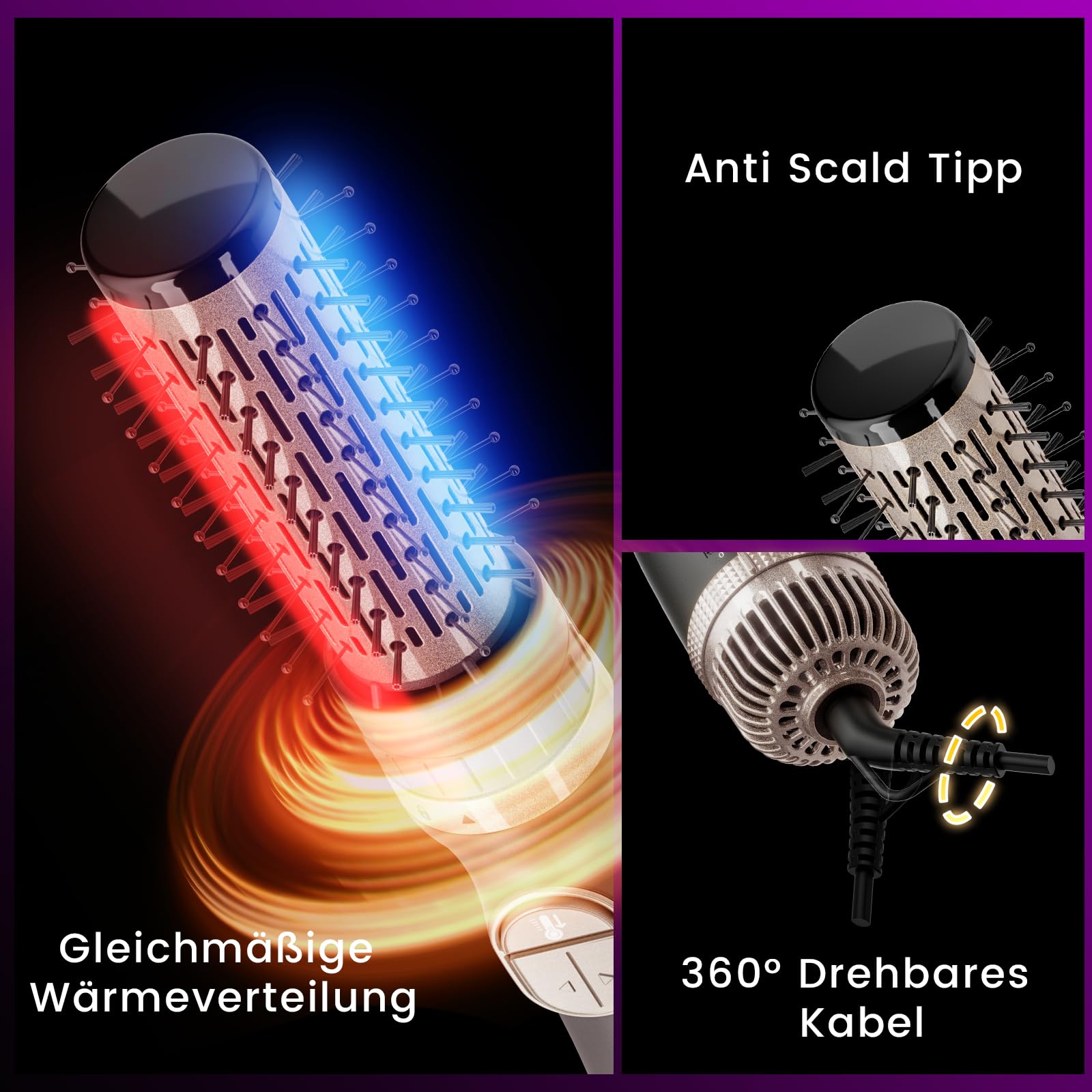 Rotierende Warmluftbürste, 3-in-1 Rundbürstenföhn mit 3 Köpfen zum Trocknen Styling Voluminierend Curling Schlafen in einem Schritt, 3 Temperaturen, Negativ-Ionische, Keramikbeschichtung, 360 ° Drehen