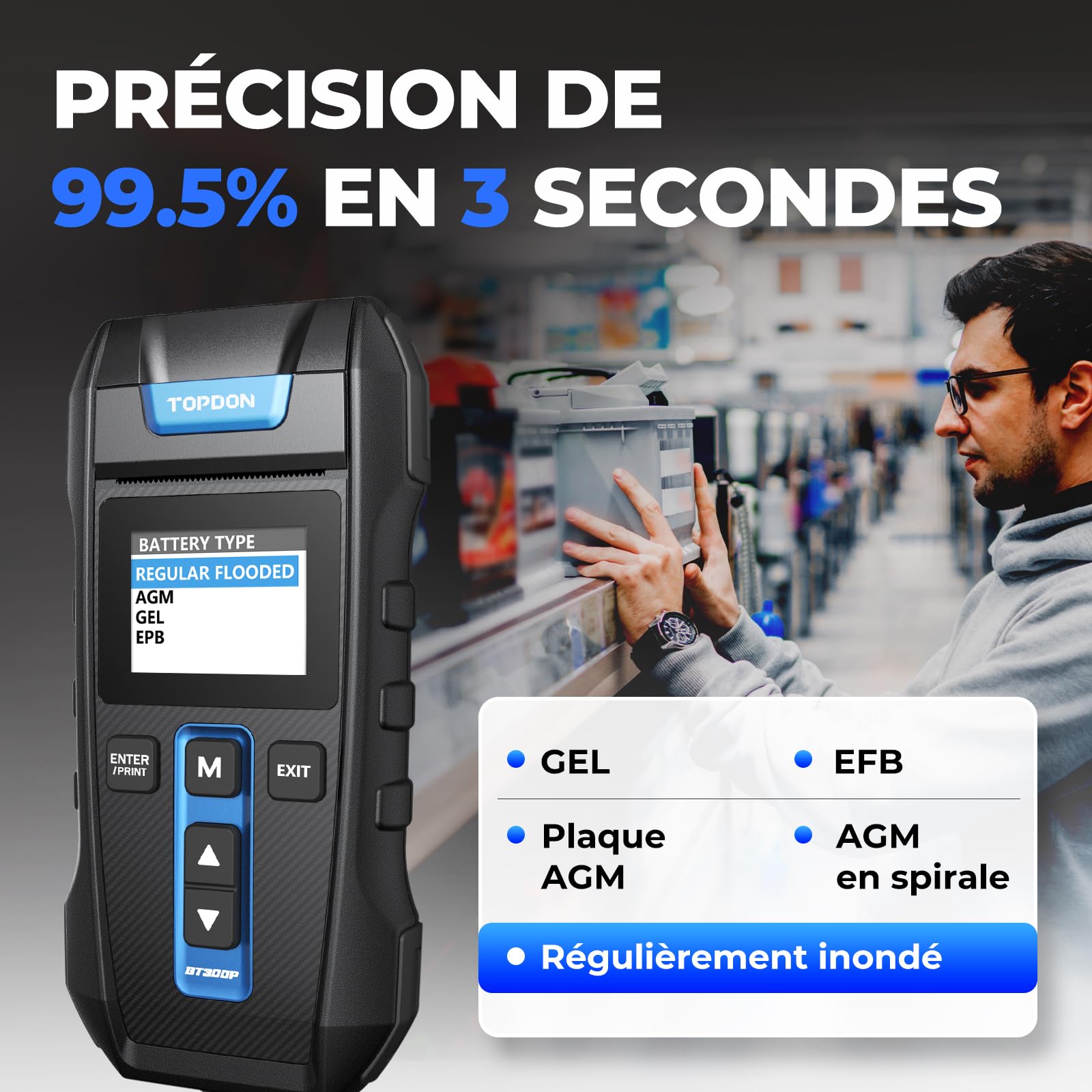 Testeur Batterie Voiture, TOPDON BT300P 12V 24V Testeur de Batterie et Alternateur Professionnel Analyseur de Batterie de Démarrage avec Imprimante Intégrée pour Auto Voiture Camion Moto