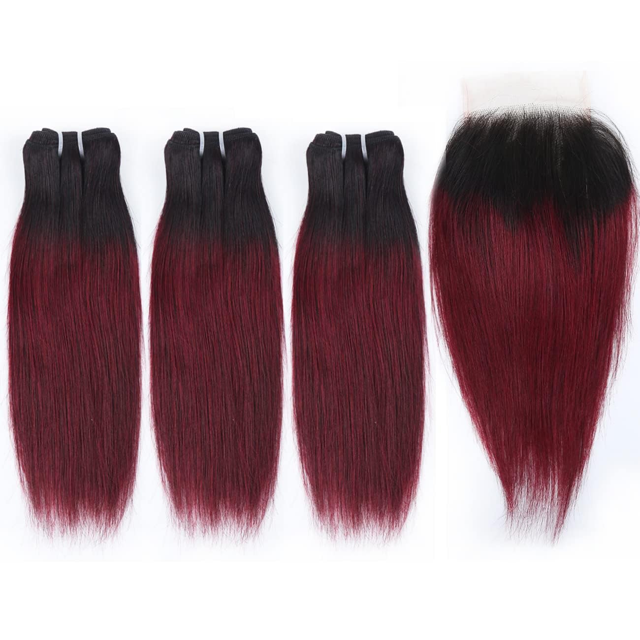1b/99j Ombre Bundles with Closure(10 10 10+10) Brazilian Straight Human Hair Red Burgundy Short Bob 50g/bundle with 4x4 Lace Closure - Image 2
