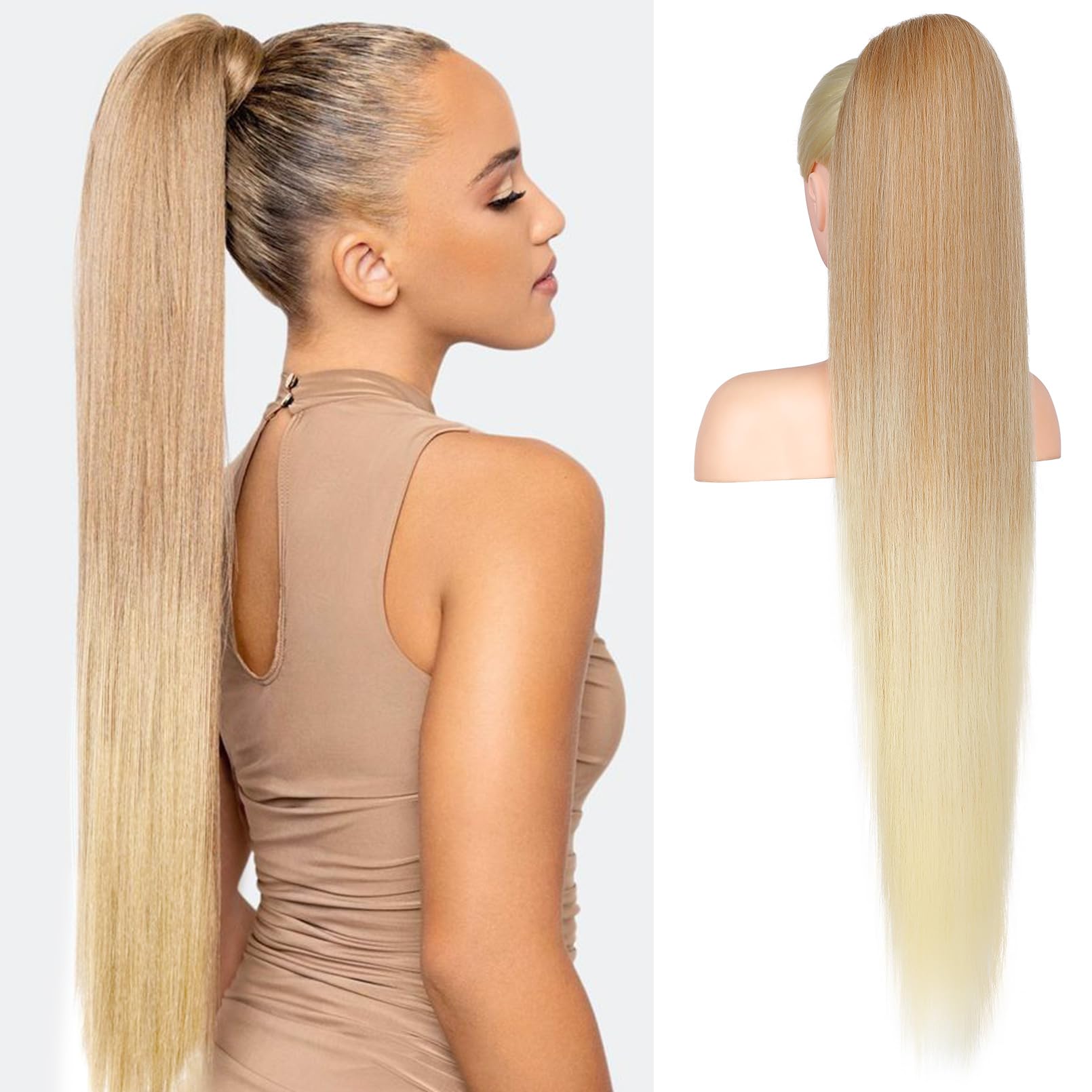 Flufymooz ponytail extension, 36 Inch Long Straight Drawstring Ponytail Synthetic Hairpieces Fake Pony Tails Natural Soft Clip in Hair Extension
