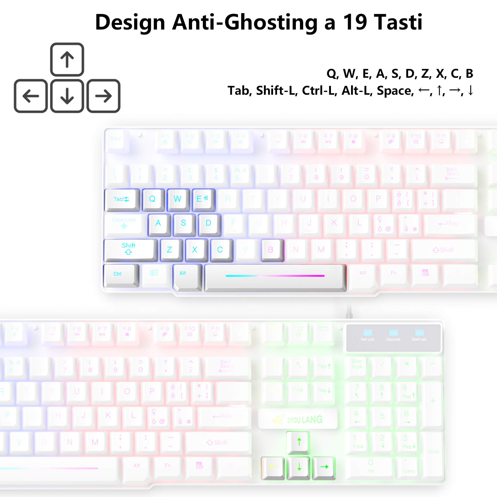 Tastiera e Mouse da Gioco, Gaming Tastiera Retroilluminato a LED Colore Arcobaleno, Mouse 6 Tasti 2400 DPI e Tappetino per Mouse, USB Cablato per PS4 XBox, Bianca
