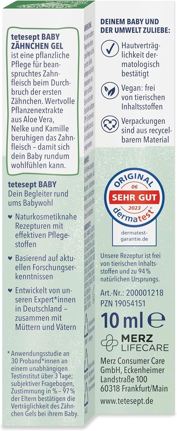 tetesept Gel dental para bebés 10 ml con aloe vera, clavo y manzanilla, calma encías, sin azúcar ni alcohol