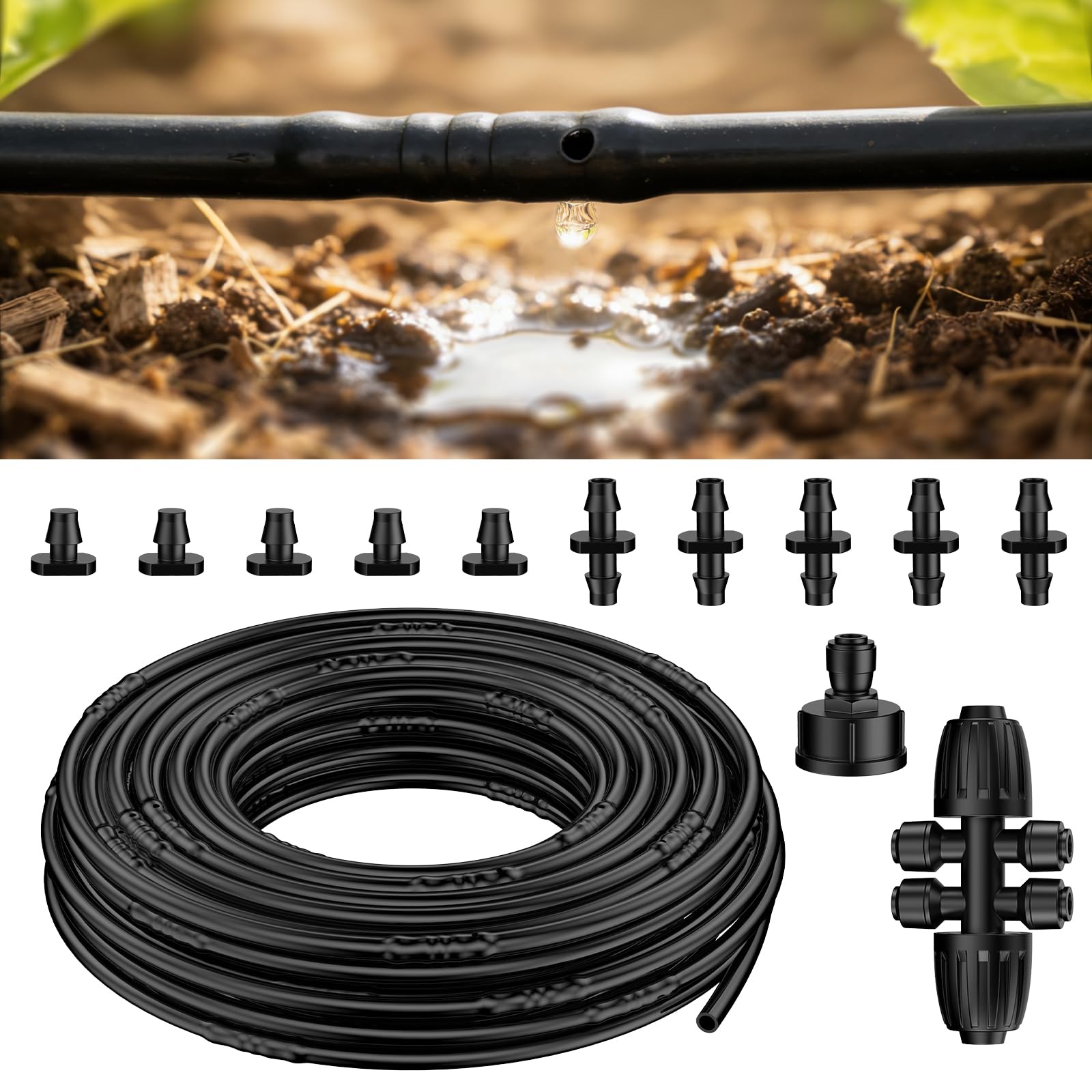 Pawfly 6.35 mm Drip Irrigation Tubing (15 m Roll), 6.35 mm Emitter Tubing with 15 cm Spacing, PE Drip Line with 12 Parts, Black Distribution Tubing for Drip Irrigation System Drip Irrigation Hose Roll
