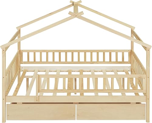 Miniatura 4 de Cama de casa con almacenamiento para vallas, camas de tamaño matrimonial estilo Montessori con barandillas y 2 cajones, marco de cama de madera para