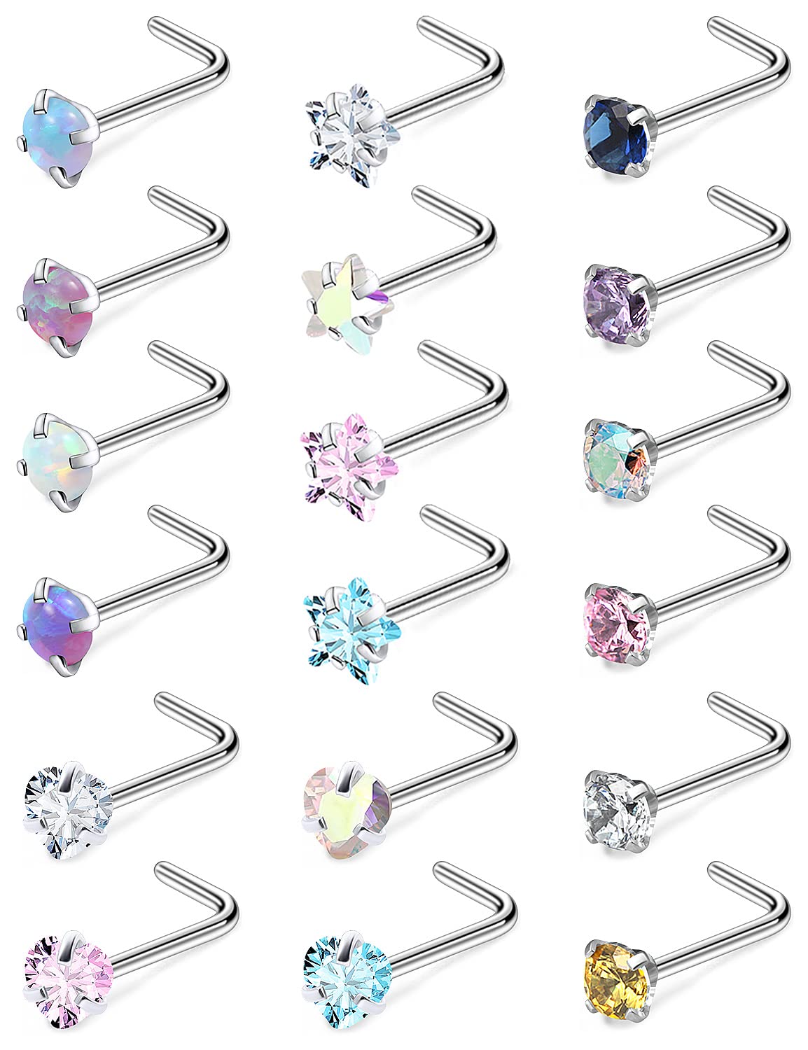 Cisyozi 18G 20G Hypoallergenic Nose Rings Studs Surgical Steel Opal Heart Star Nose Stud Cubic Zirconia Nose Piercing Jewelry for Women Men Straight L