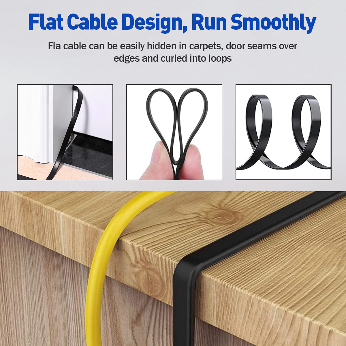 UDATON Cat 6 Ethernet Cable 50 ft Flat, Ethernet Cable, Durable Rj45 Internet Computer LAN Cable with Clips and Cable Tie, Outdoor Indoor Long High Speed for Gaming Switch Xbox IP Cam Modem-Black