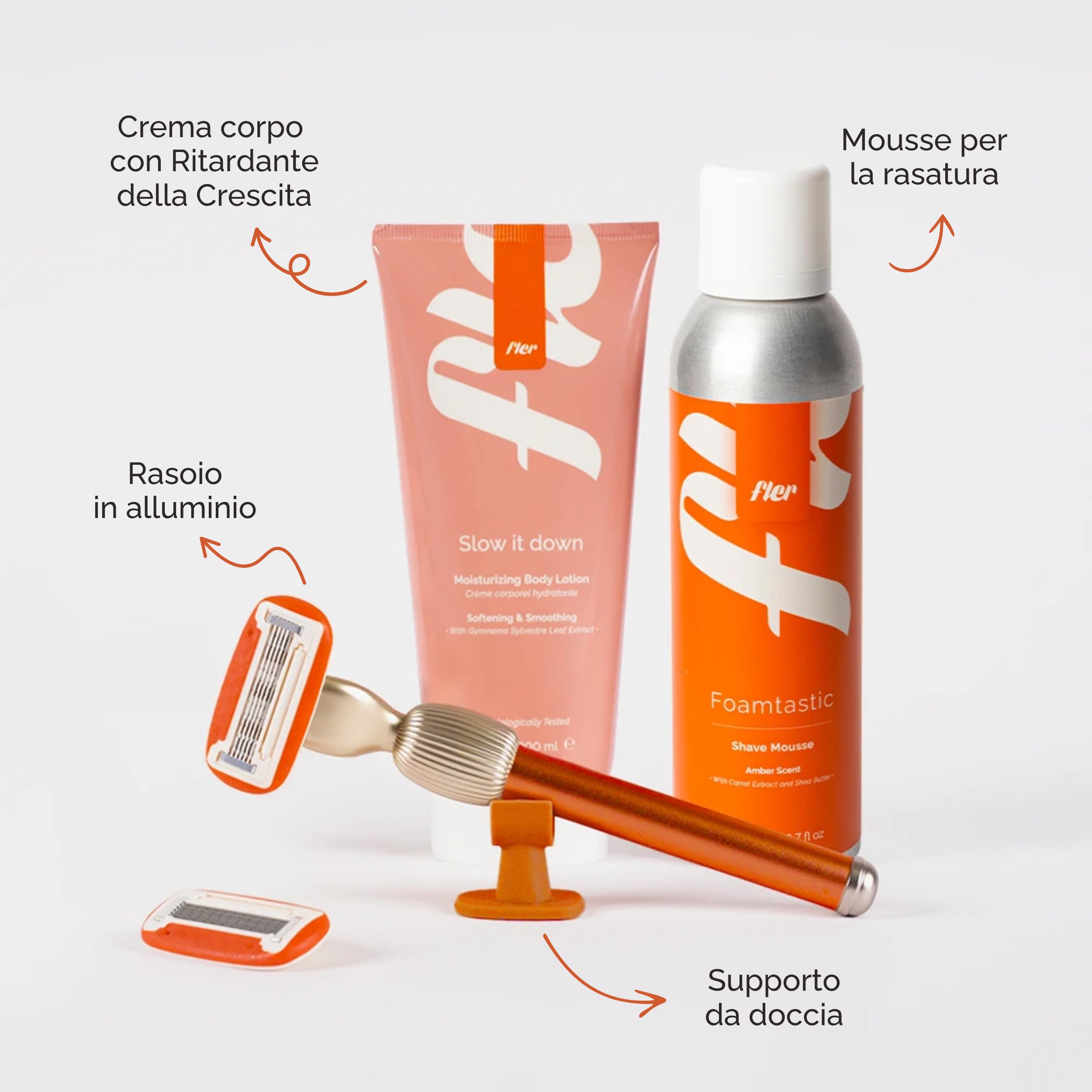 Fler Smooth Skin Set - Rasoio Donna con Supporto e 2 Lamette di Ricambio, Rasoi Unisex, Set con Mousse per la Depilazione e Crema Corpo Lenitiva, Lametta con Aloe Vera (Arancio Sicily, Crema 200ml)