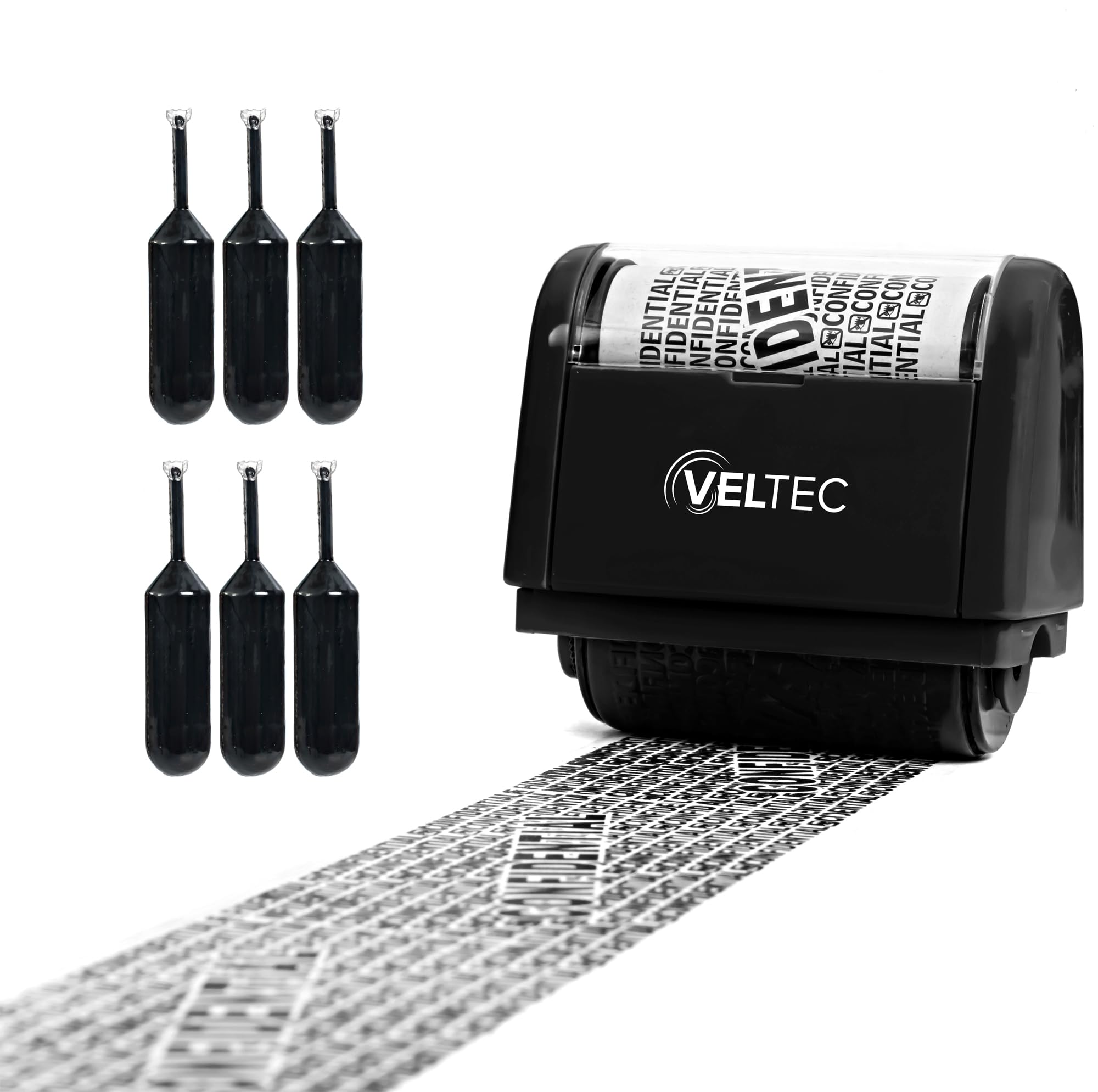 Veltec ID Protector Ink Roller - Identity Theft Protection Roller Stamp Set (Black, Stamp+6 Refills)