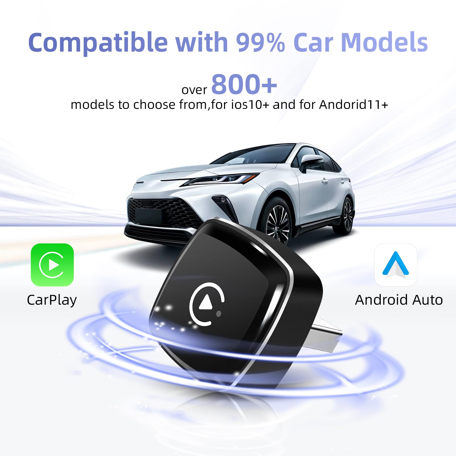 EZoneTronics 2-in-1 Adattatore CarPlay Wireless, Android Auto Wireless, USB/Type-C senza fili, Plug & Play, Connessione Veloce e Stabile senza Ritardi, Compatibile con iOS 10+ e Android 11+