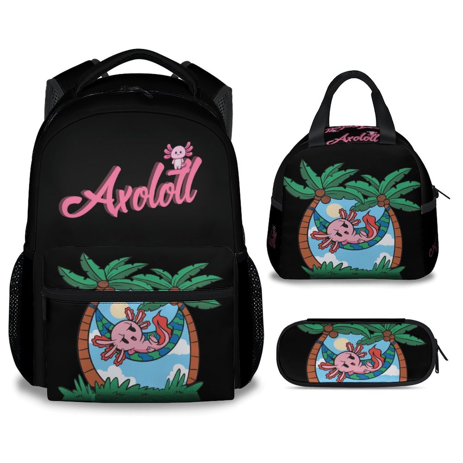 Mercuryelf Axolotl Boys Girls Backpack with Lunch Box Set, 3 in 1 School Travel Backpacks Matching Combo, Black Cute Bookbag and Pencil Case Bundle