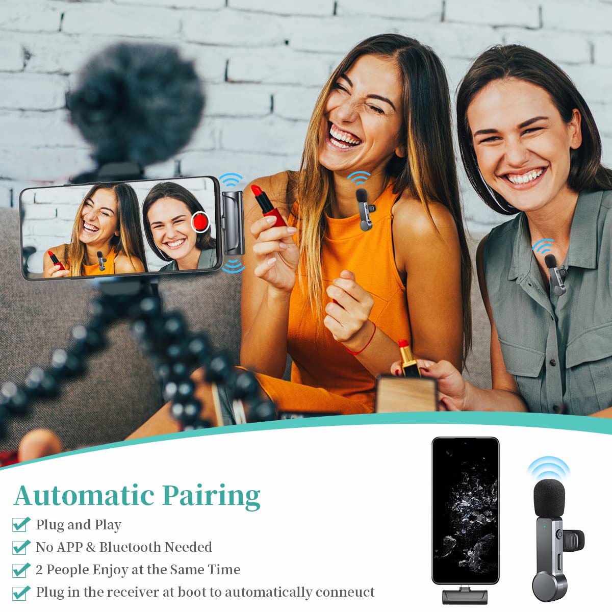 Micrófono Lavalier Inalámbrico para iPhone 15 Series/Android/USB C,2PCS Mini Micrófonos con Cancelación de Ruido/Silencio,Micrófono Portátile Android para Transmisión en Vivo,Youtube,TikTok,Vlog