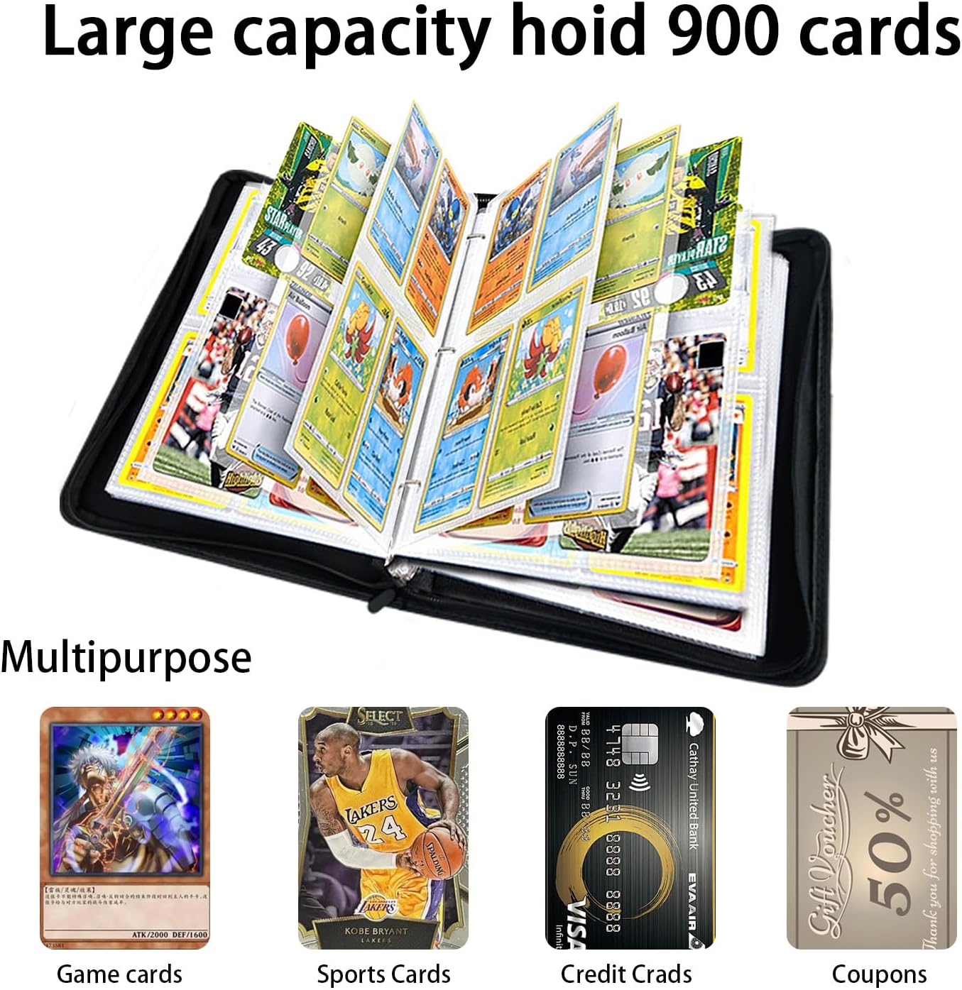 9-Pocket Card Holder, Premium Zip Transaction Card Holder, 400 Double-Sided Pocket Pu Bookmark, Clear And Transparent Visible Window, Bookmark Photo Album Mtg、Tcg、 Sports Card Clip (Black)