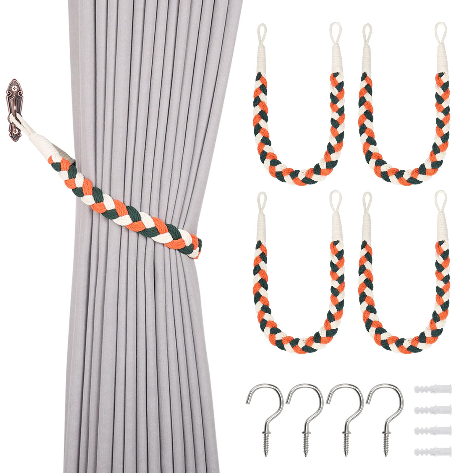 Pretty Jolly 4 Pack Natural Cotton Rope Curtain Tiebacks Elegant Boho Style Decorative Drape Tie Backs Soft Hand-Woven Rope Curtain Holdbacks with Metal Hook for Home & Office Drapery (Orange & Green)