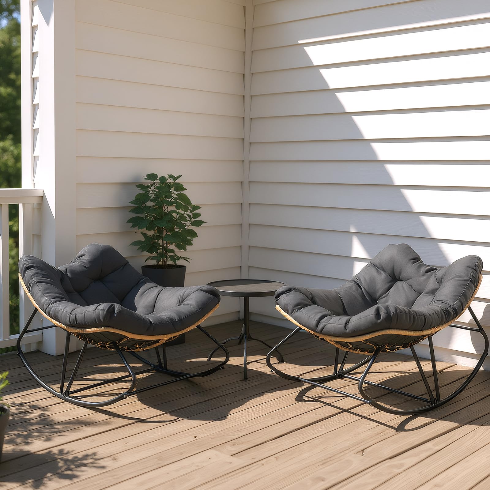 JOYBASE Outdoor Indoor Papasan Rocking Chair Set of 2, Oversized Papasan Rocker with Cushion, Patio Wicker Comfy Egg Chair for Backyard Bedroom Living