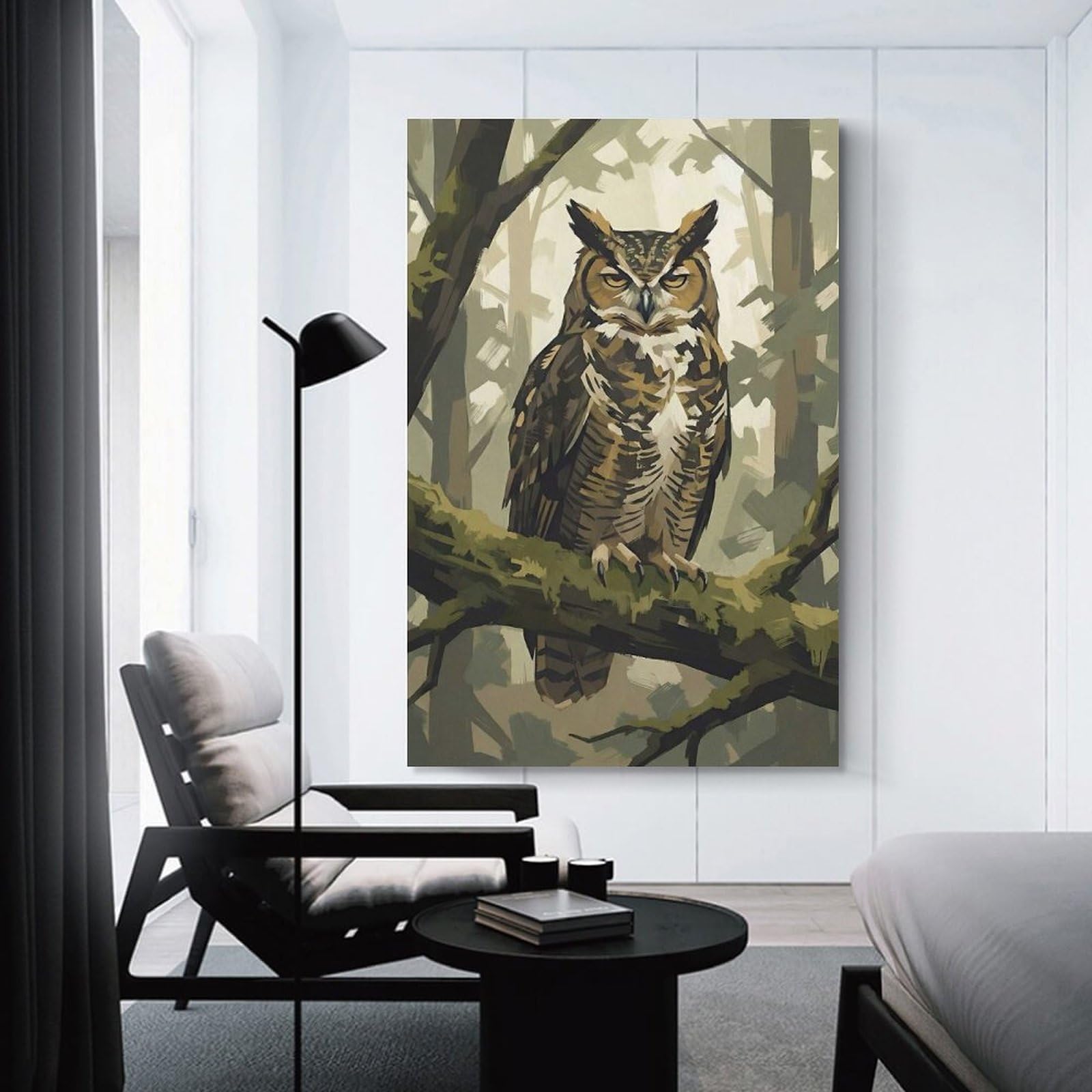 Junmoney Unframe-Style-18 Great Horned Owl In Forest Decorative Wall Artwork 20X30inch(50X75cm), For Corridors, Hallways Or Apartment Entries, Home Artwork For First Impressions