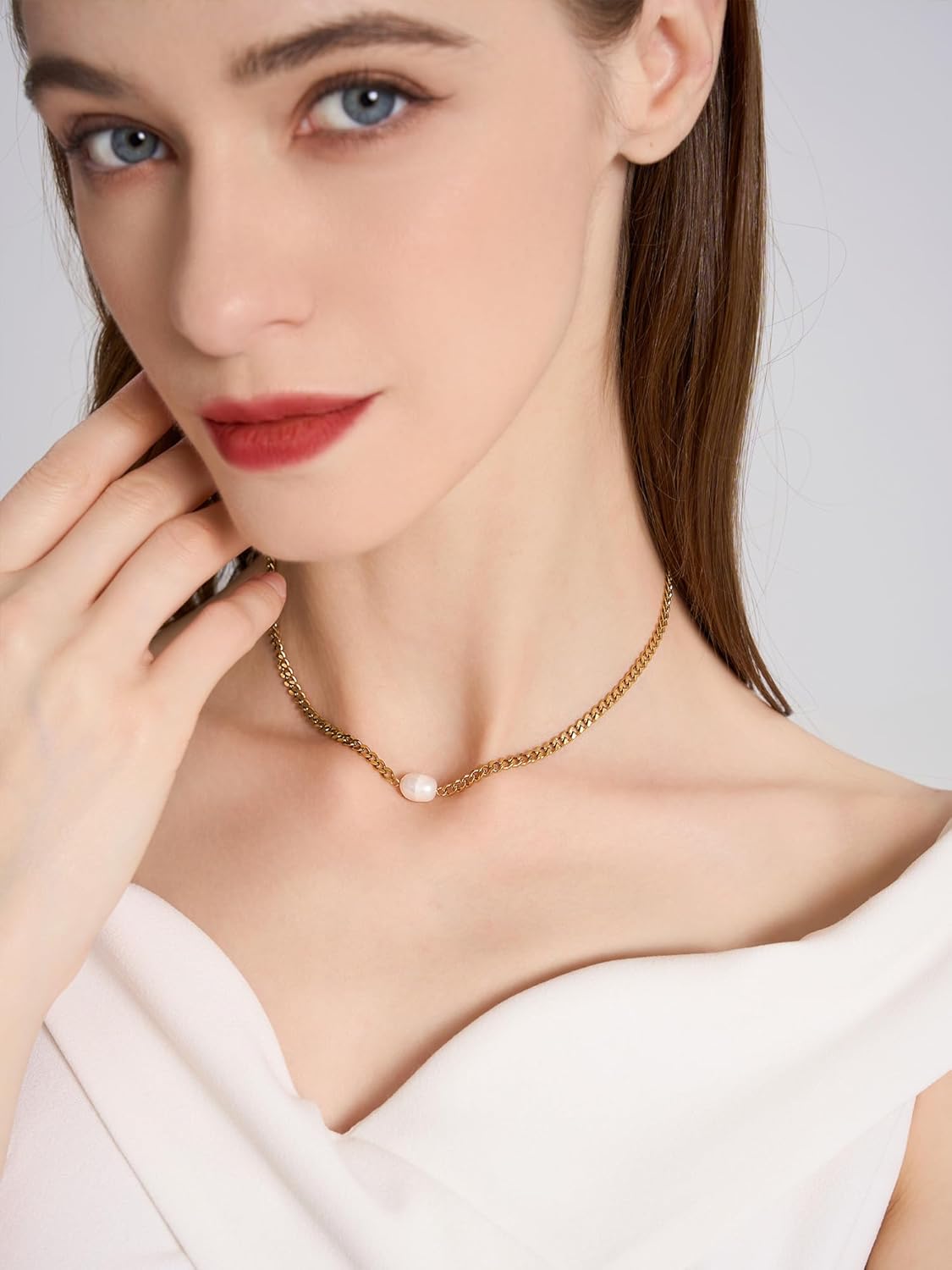 Aleasha Freshwater Pearl Necklace Gold Plated Choker Cultured Small White Pearl Layered Chain Necklace Stainless Steel Jewelry Gifts - Image 2