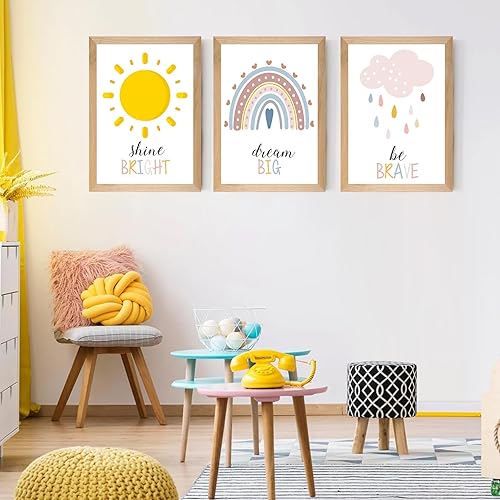 Miniatura 6 de Juego de 3 impresiones artísticas enmarcadas de estilo bohemio para la habitación del bebé, decoración de pared de clima arcoíris de 12 x 16