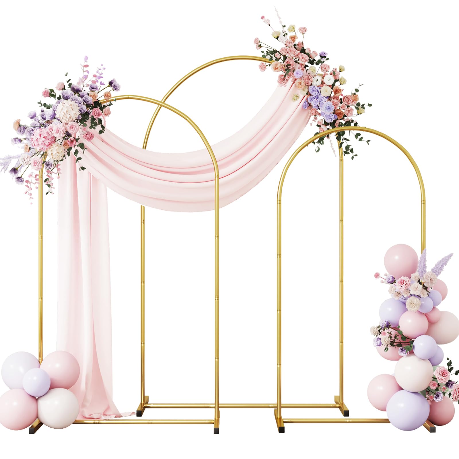 RUBFAC Arch Backdrop Stand Set of 3, 6FT/6.6FT/7.2FT, Gold Wedding Arch