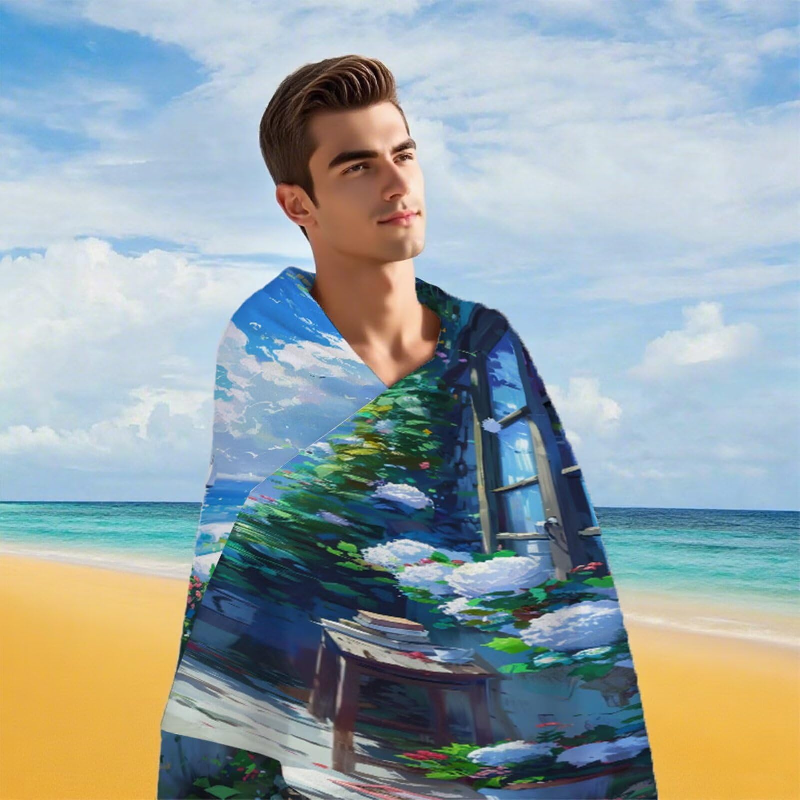 Ręcznik plażowy z mikrofibry 220 x 100 cm duży ręcznik kąpielowy kwiatowy łódź mata plażowa anty piasek, ręczniki sportowe, szybkoschnące, kompaktowe i lekkie, do sportu, podróży, sauny, basenu Y1-751