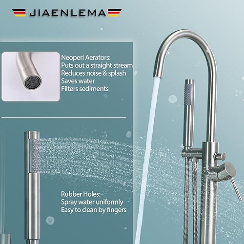 Miniatura 4 de Grifo de bañera independiente moderno de níquel cepillado con ducha de mano, manguera de ducha de 59 pulgadas, montaje en el suelo, relleno de