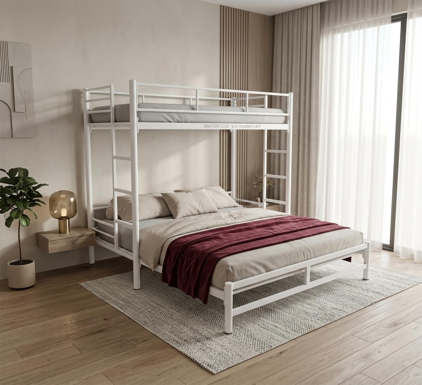 Bunk Bed for Adults Metal Frame Powder Coated (2.5 x 6 feet + 5 x 6 feet, White)-image-22