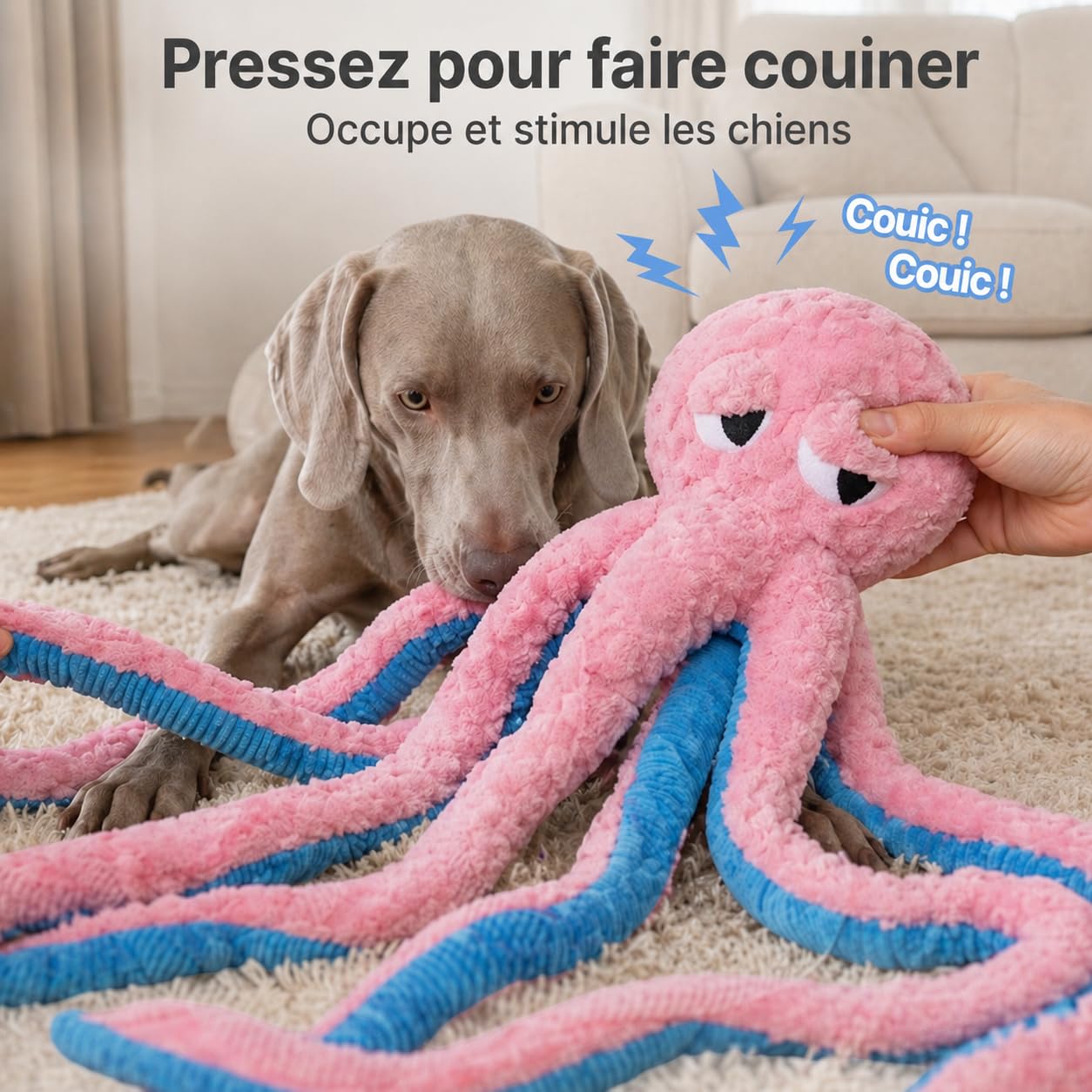 Potaroma Jouet Chien Pieuvre Peluche Couineur 100 cm, Jeu Interactif Chiot | Tentacules extra longues, velours doux, rembourrage coton épais, coutures renforcées, bon accessoire cadeau, toutes tailles.