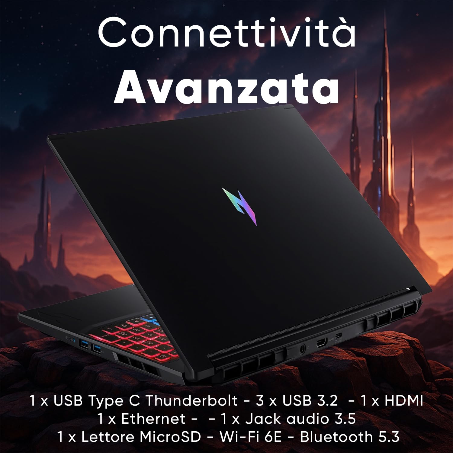 Acer Nitro V 16 AI Notebook Gaming AMD Ryzen AI 7 260, NVIDIA GeForce RTX 5060 8GB GDDR7, 32GB DDR5, 1TB SSD NVMe, Display 16" WQXGA 2560x1600 180Hz IPS, Tastiera RGB, WiFi 6E, Windows 11