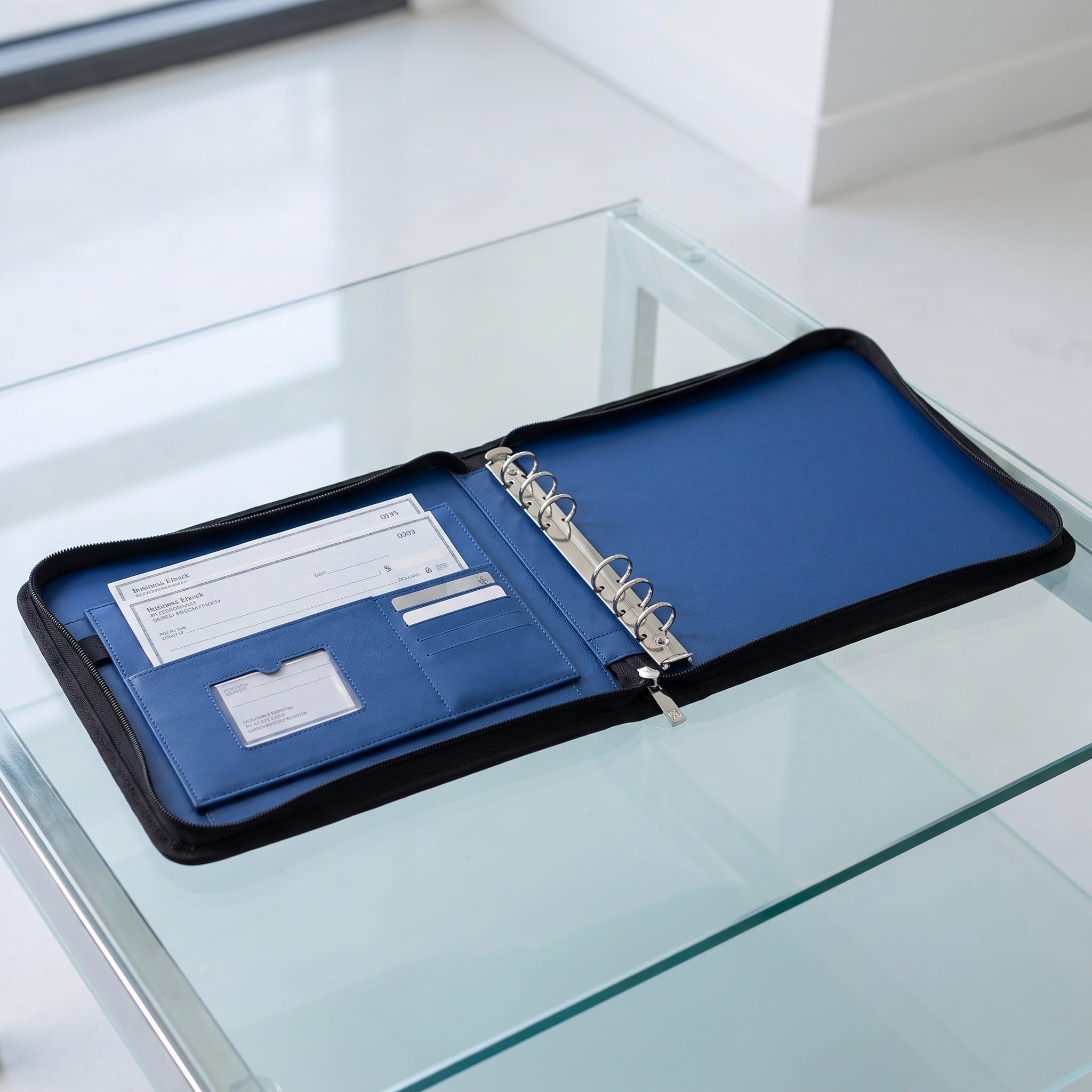 Artibetter Raccoglitore per assegni aziendali formato A4 con cerniera - Raccoglitore a 7 anelli per assegni aziendali (23 x 33 cm) - Portafoglio in similpelle con custodia e organizer per documenti